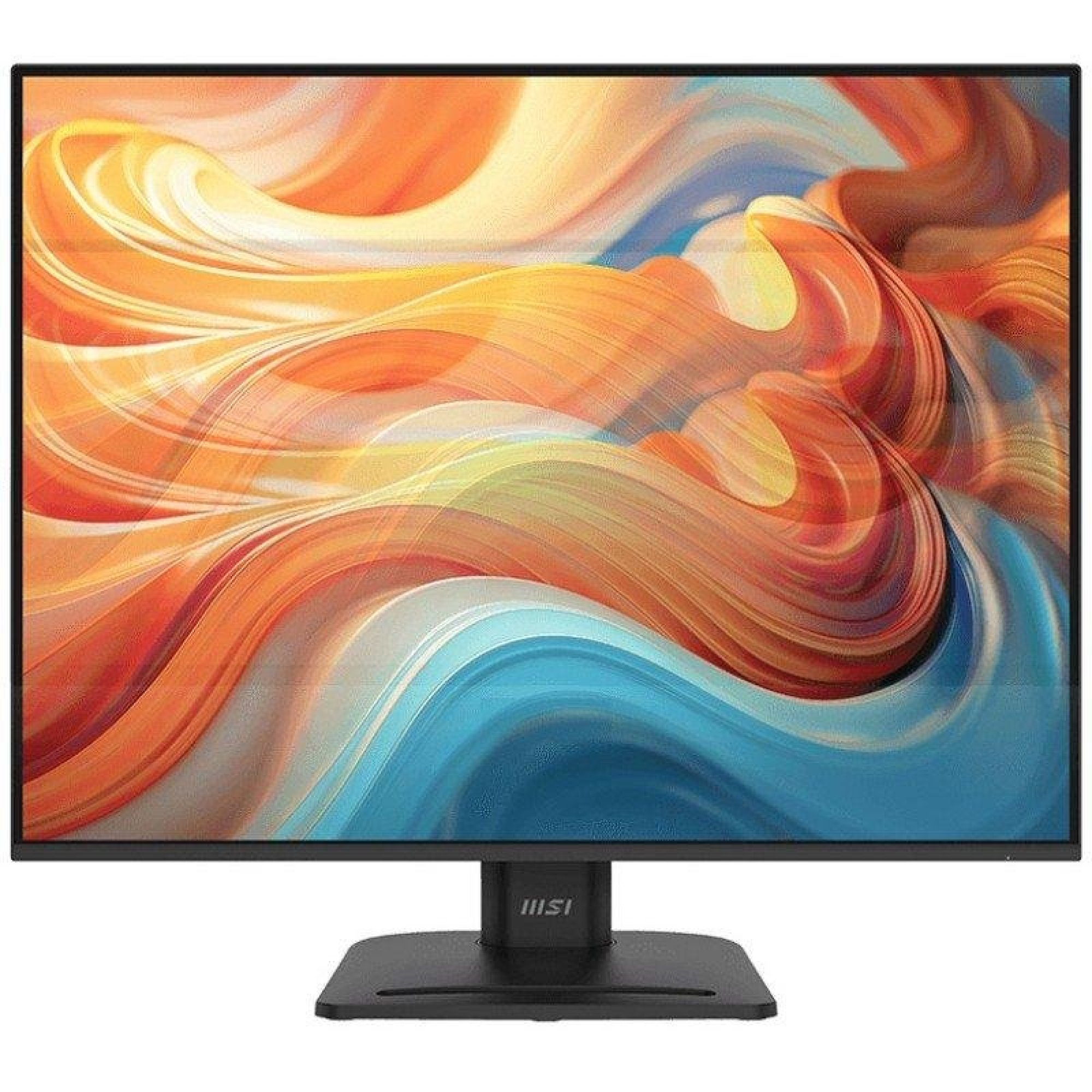 Un monitor nero mostra uno sfondo astratto e vivace con onde arancioni e blu.