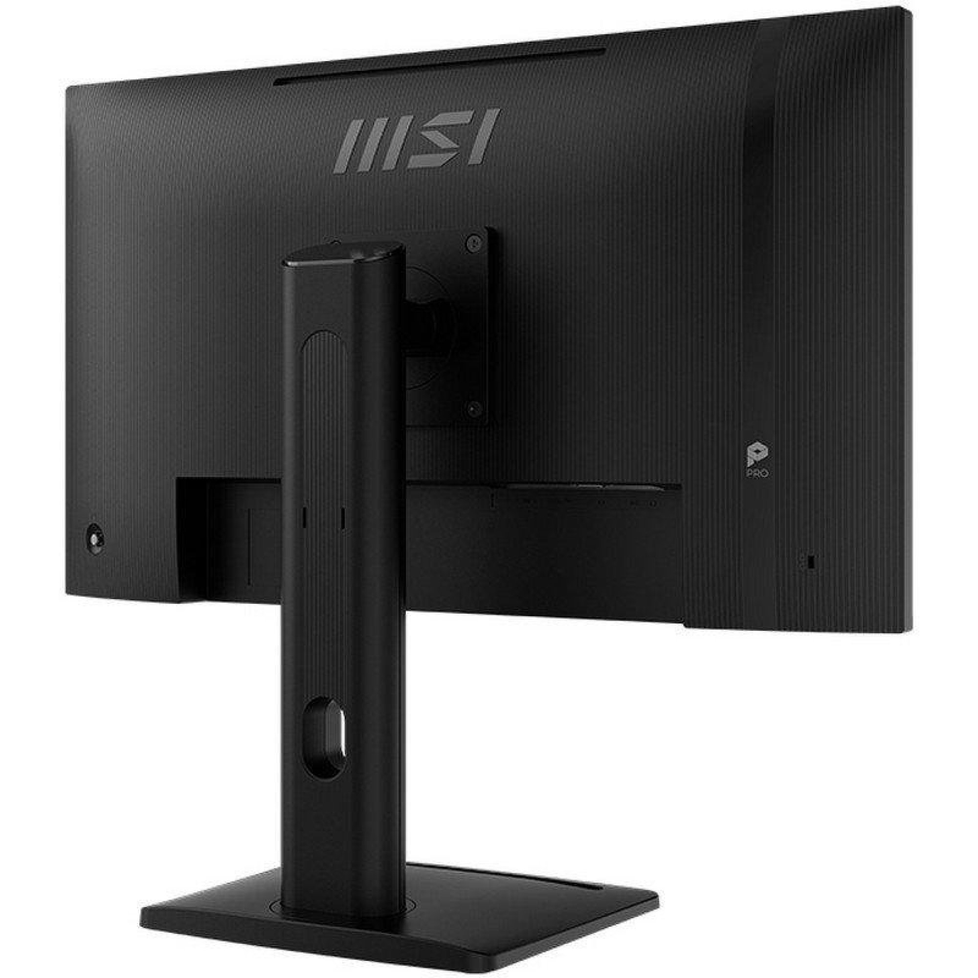 Vista posteriore di un monitor MSI nero con supporto su sfondo bianco.
