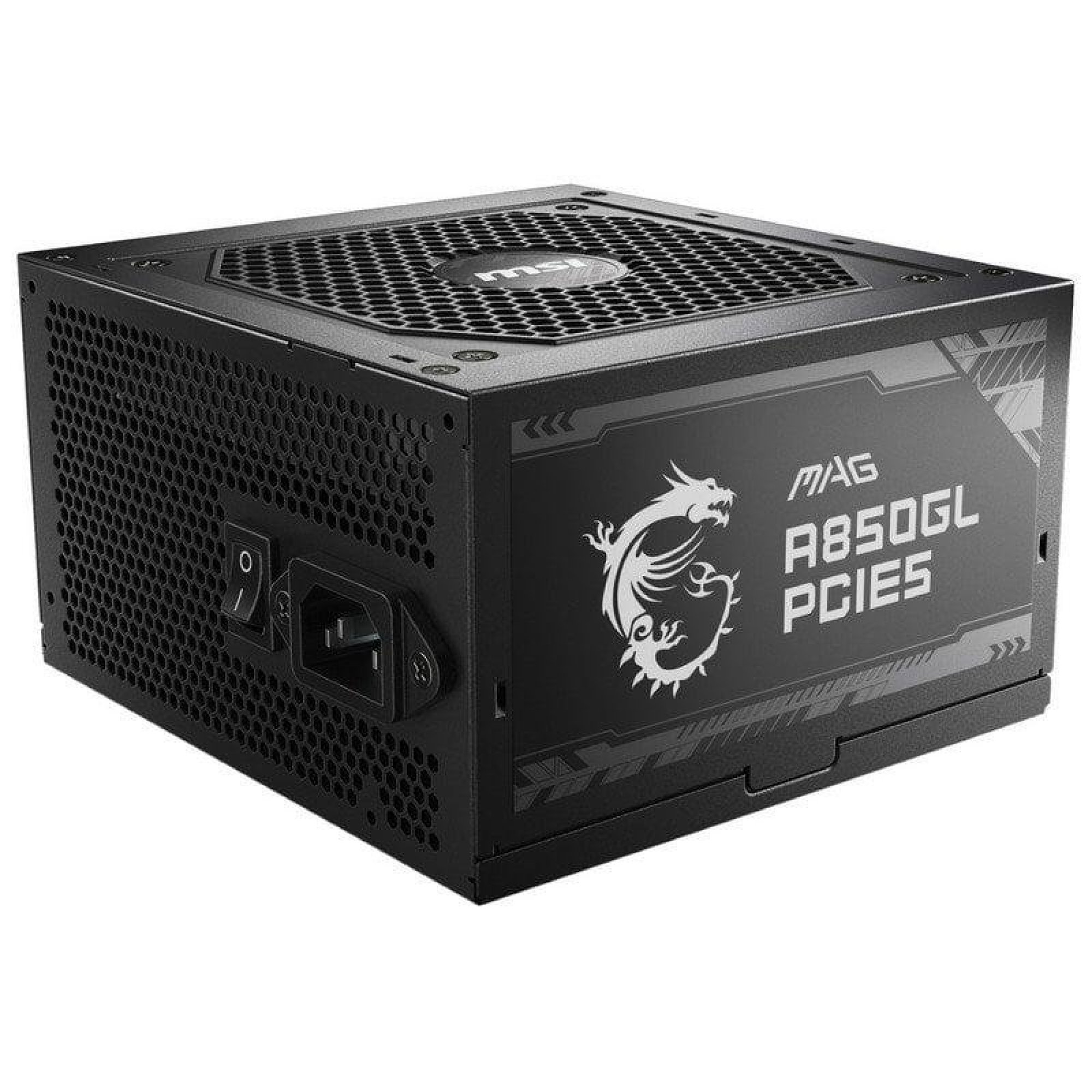 Czarny zasilacza komputerowy MSI MAG A850GL PCIE5 z logo smoka, włącznikiem i gniazdem.