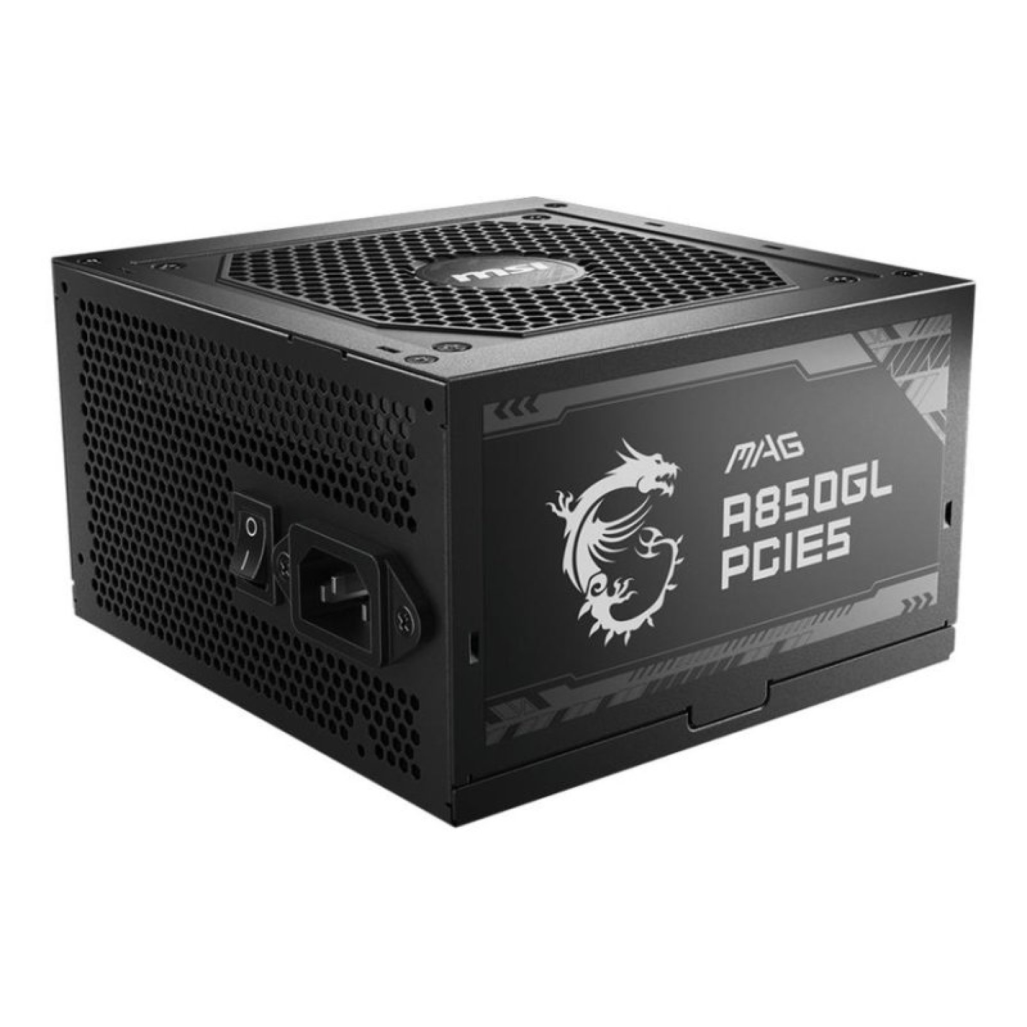 Czarny zasilacz komputera MSI MAG A850GL PCIE5 z logo smoka, wyłącznikiem zasilania i gniazdem na białym tle.