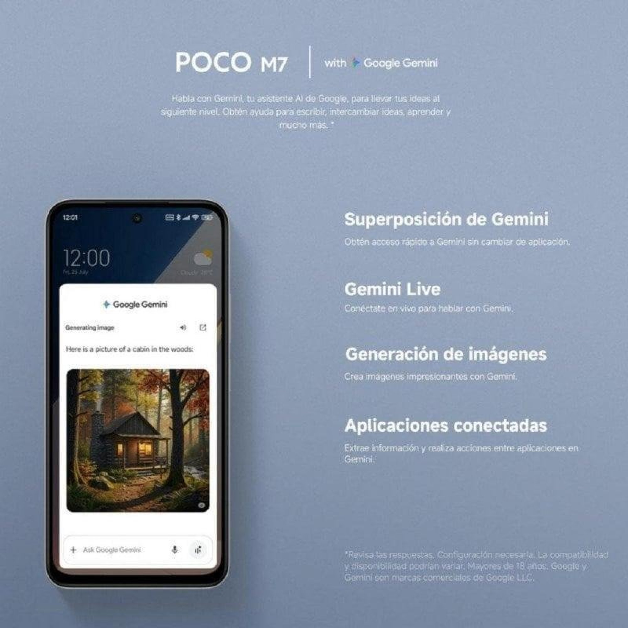 Smartphone POCO M7 con overlay Google Gemini e immagine di una baita.