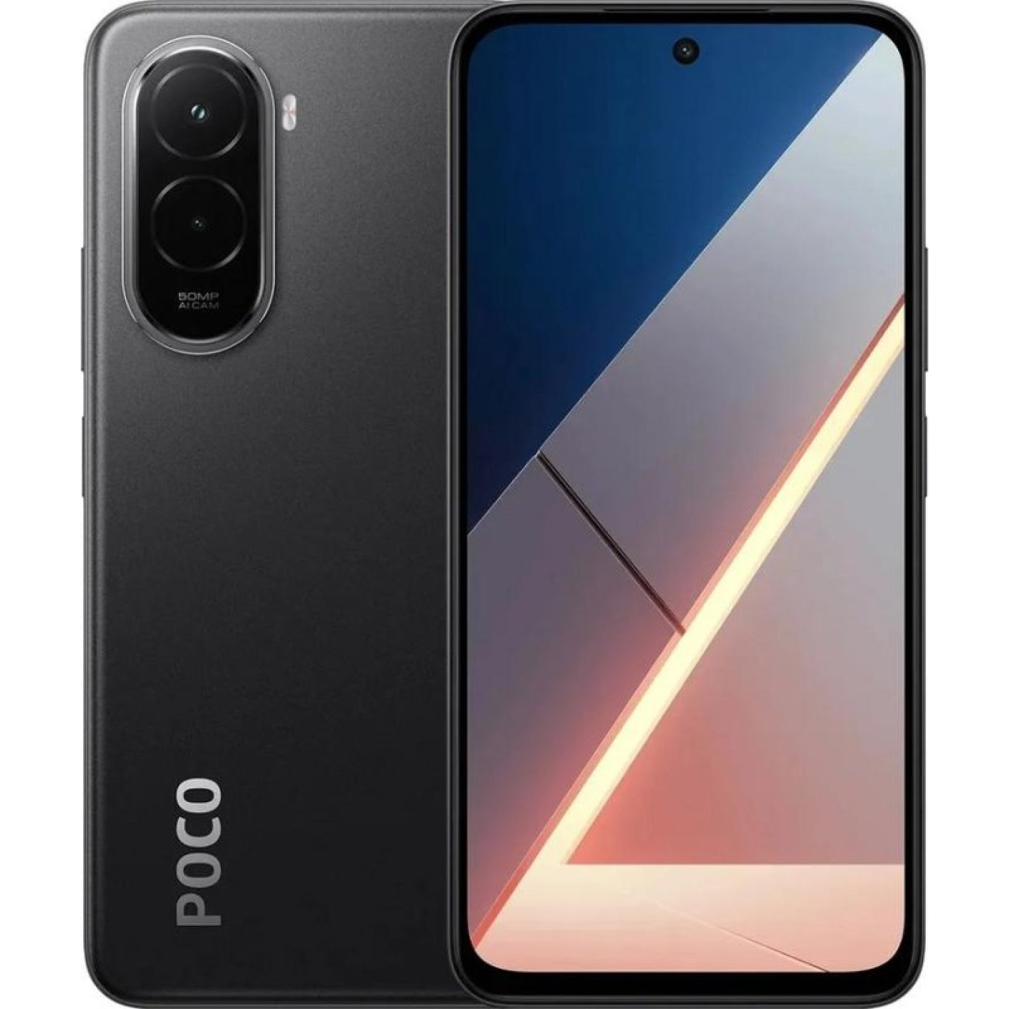 Uno smartphone Poco grigio mostra fronte e retro con doppia fotocamera e uno schermo colorato.