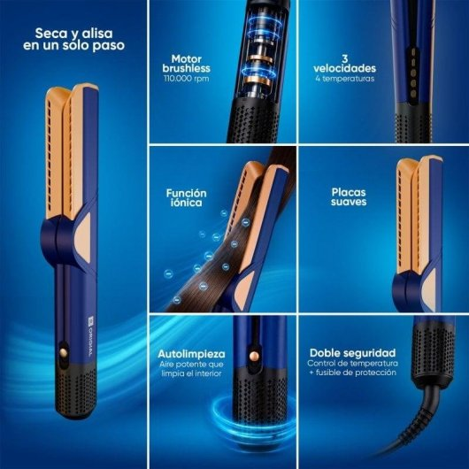 Asciugacapelli ad aria calda blu e oro con motore brushless, funzione ionica e autopulizia.