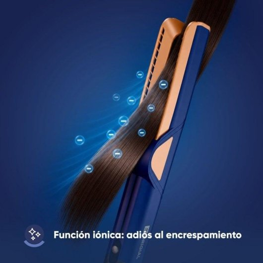 Piastra per capelli scorre su capelli lunghi, design blu e oro con simboli di ioni.