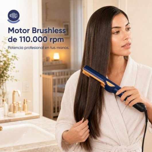 Donna in bagno liscia i suoi lunghi capelli scuri con una piastra blu.