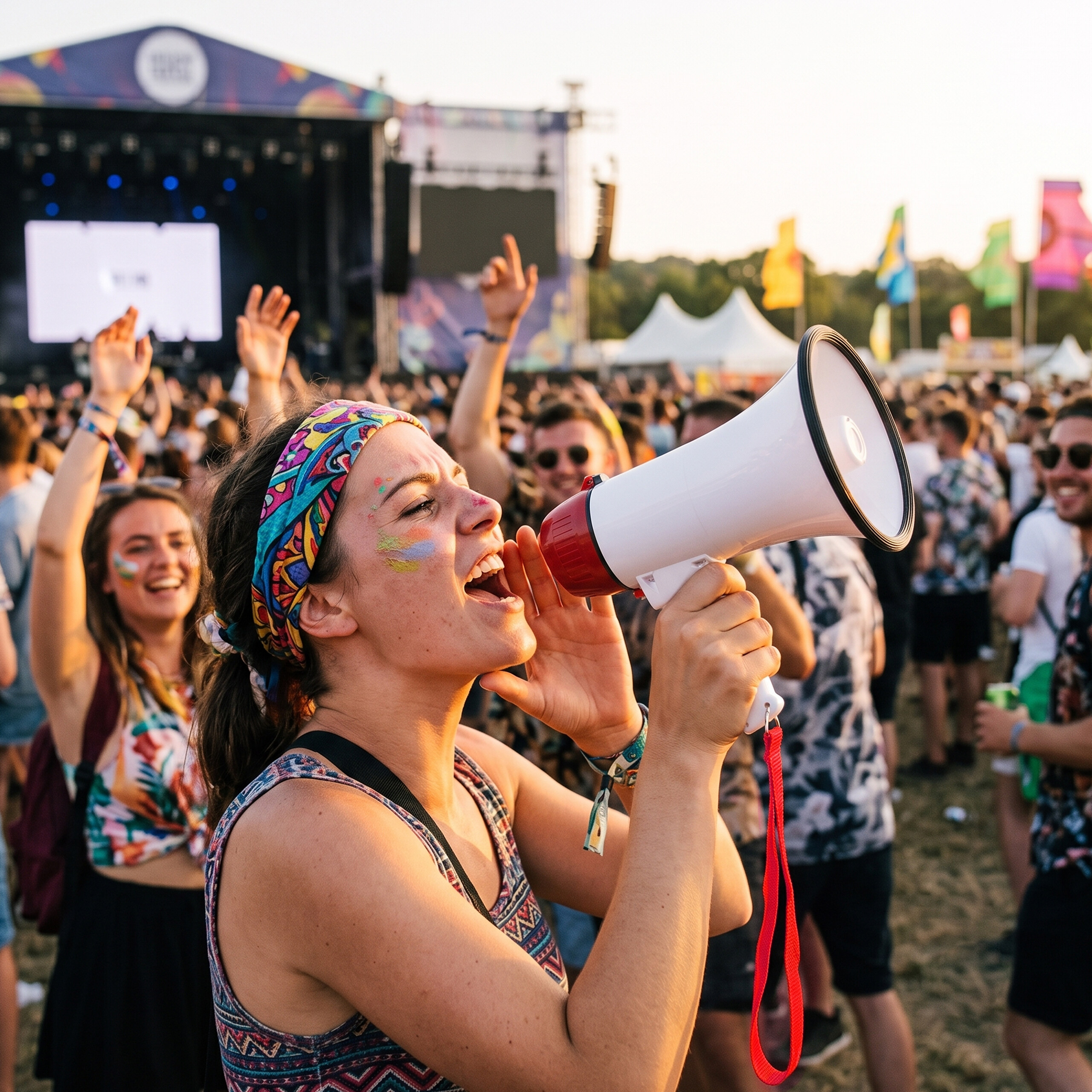 Frau mit buntem Stirnband schreit in ein Megafon auf einem Festival, im Hintergrund eine Bühne.