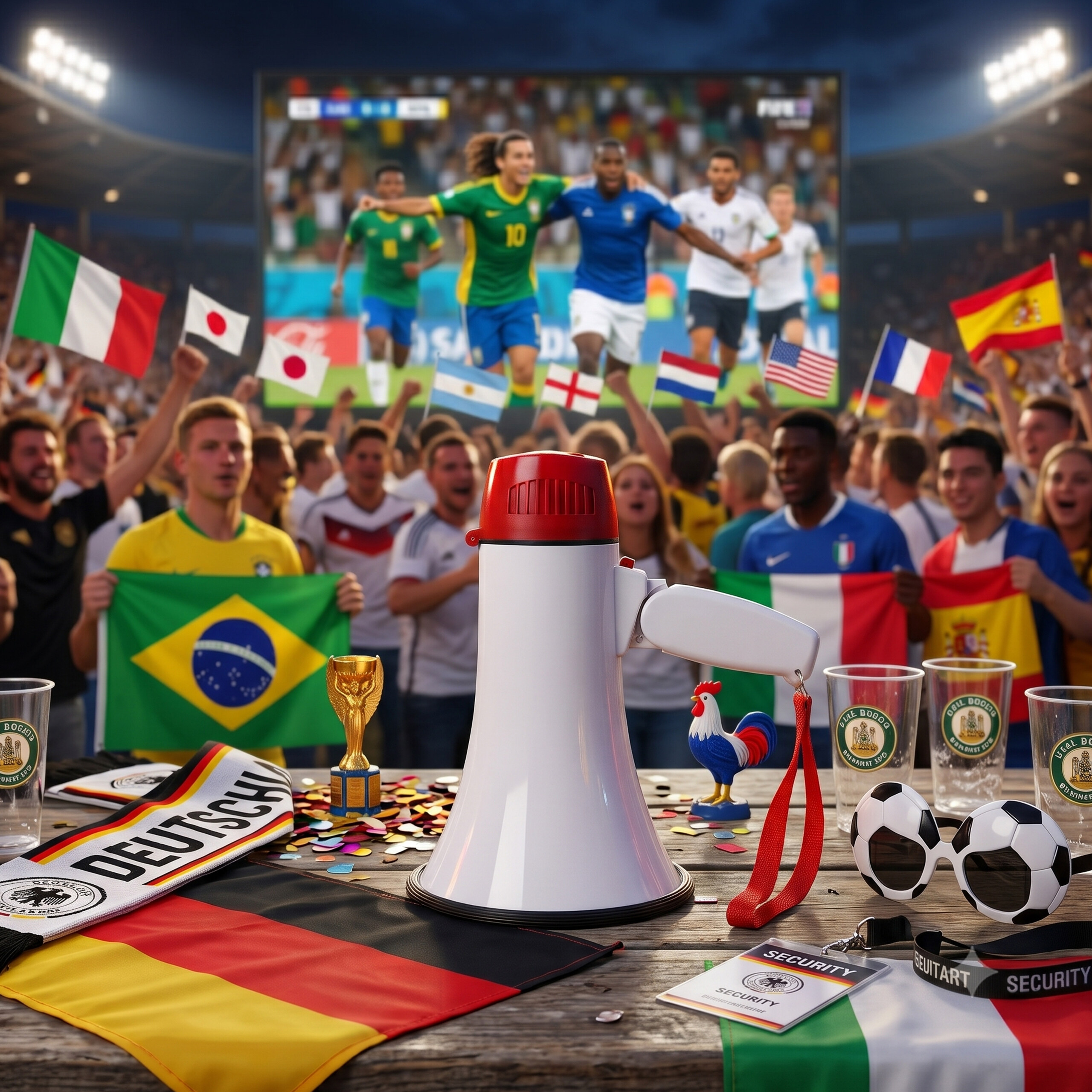 Ein Megafon, eine Deutschlandfahne und Fussball-Accessoires auf einem Tisch vor jubelnden Fans im Stadion.