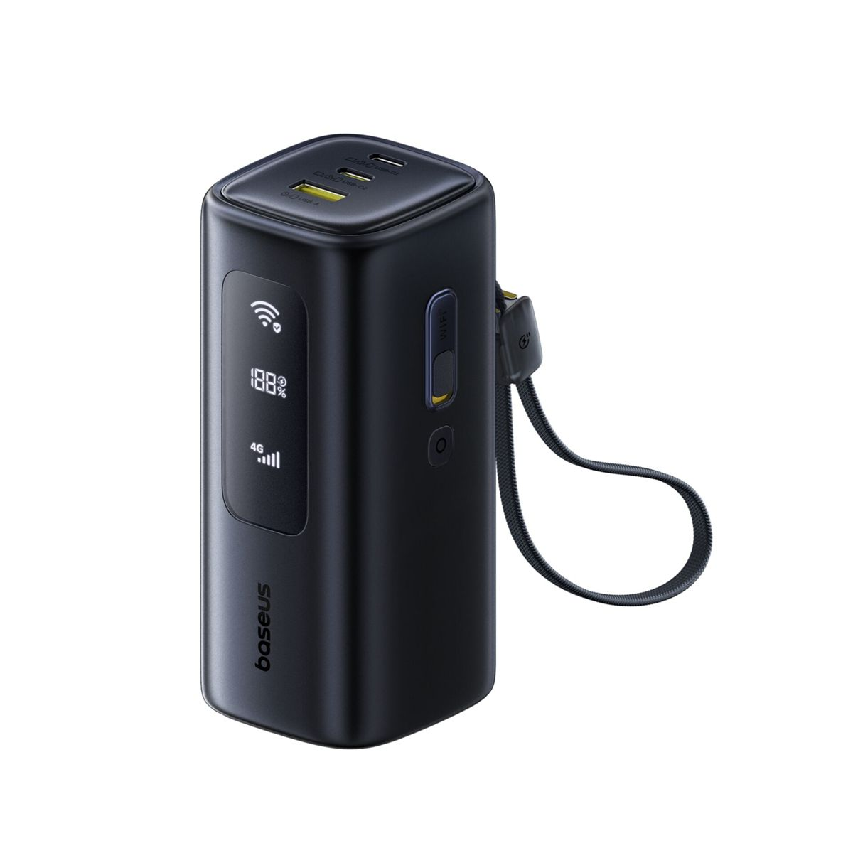Power bank Baseus nero con display digitale, porte USB in alto e cinturino intrecciato sul lato.