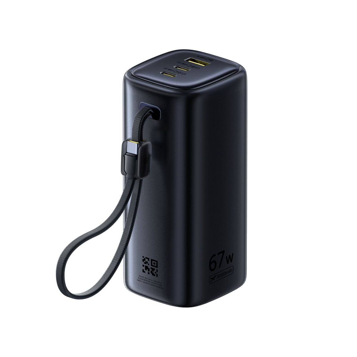 Un power bank nero da 67W con cavo integrato, porte USB multiple e codice QR su sfondo neutro.