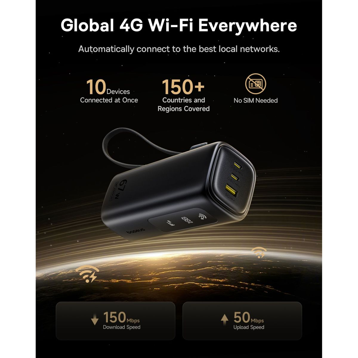 Un power bank nero Baseus da 67W sopra la Terra, pubblicizza il Wi-Fi 4G globale.