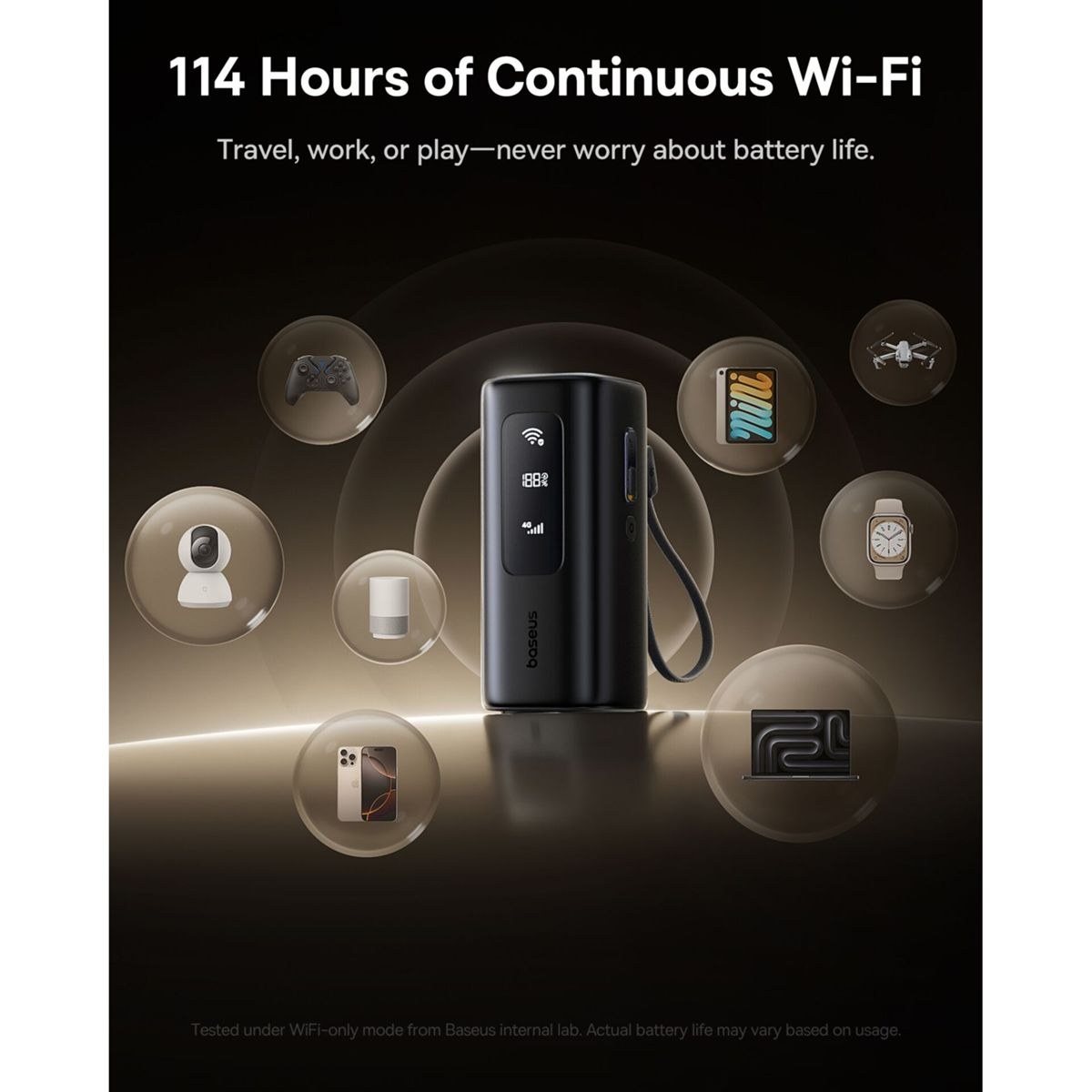 Un router Wi-Fi nero portatile circondato da bolle che mostrano dispositivi compatibili su sfondo scuro.