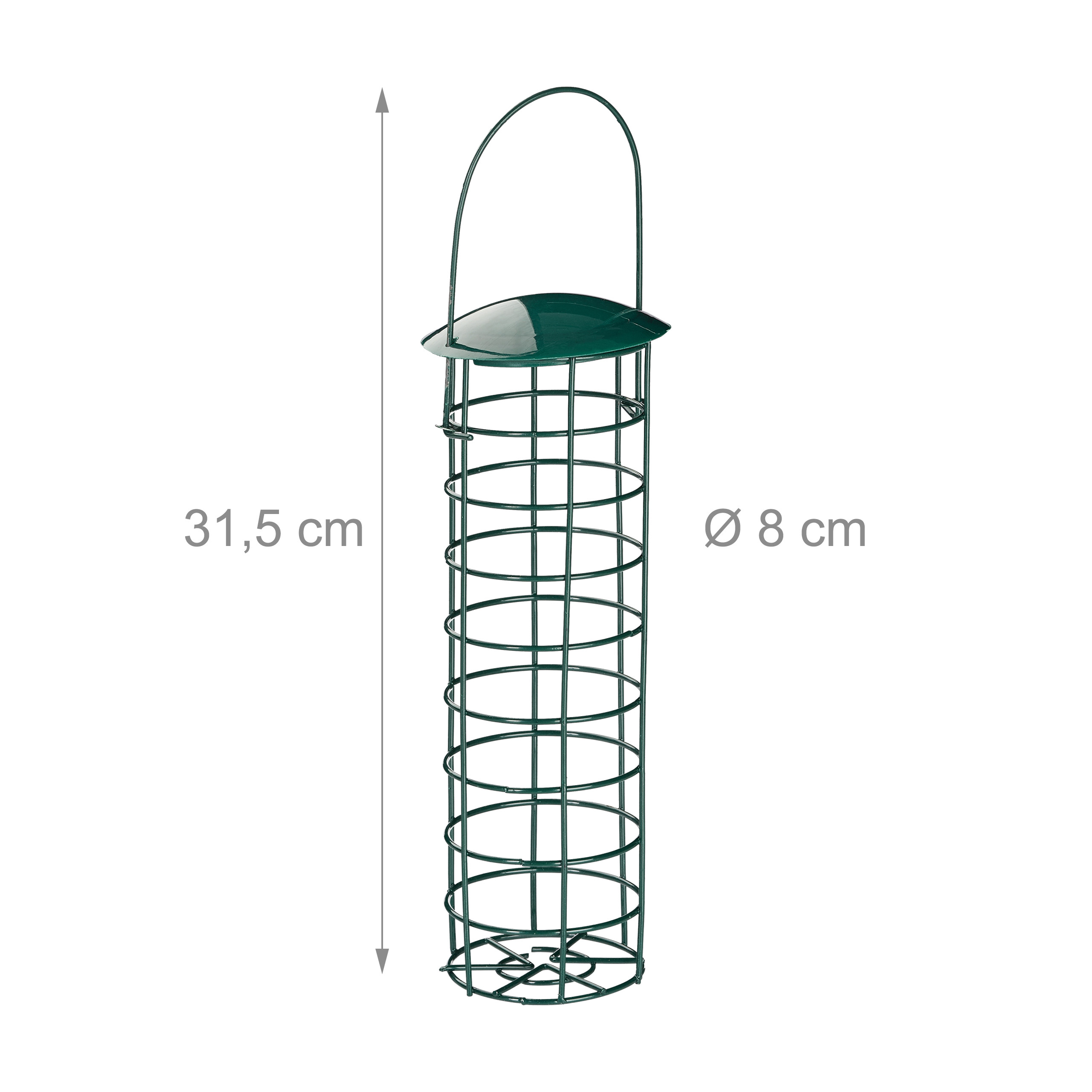 Grüner zylindrischer Vogelkäfig mit den Maßen 31,5 cm Höhe und 8 cm Durchmesser.