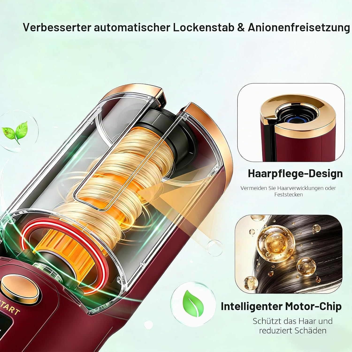Automatischer Lockenstab mit Haarverwirrungsschutz und intelligentem Motor-Chip.