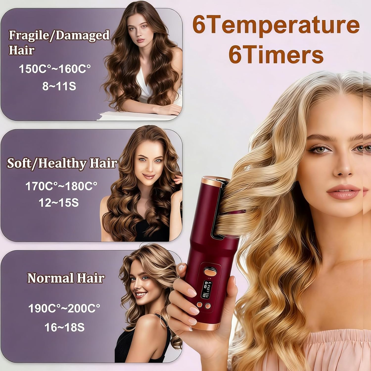 Eine Werbung für einen Lockenstab mit Temperatur- und Timer-Einstellungen und einer blonden Frau.