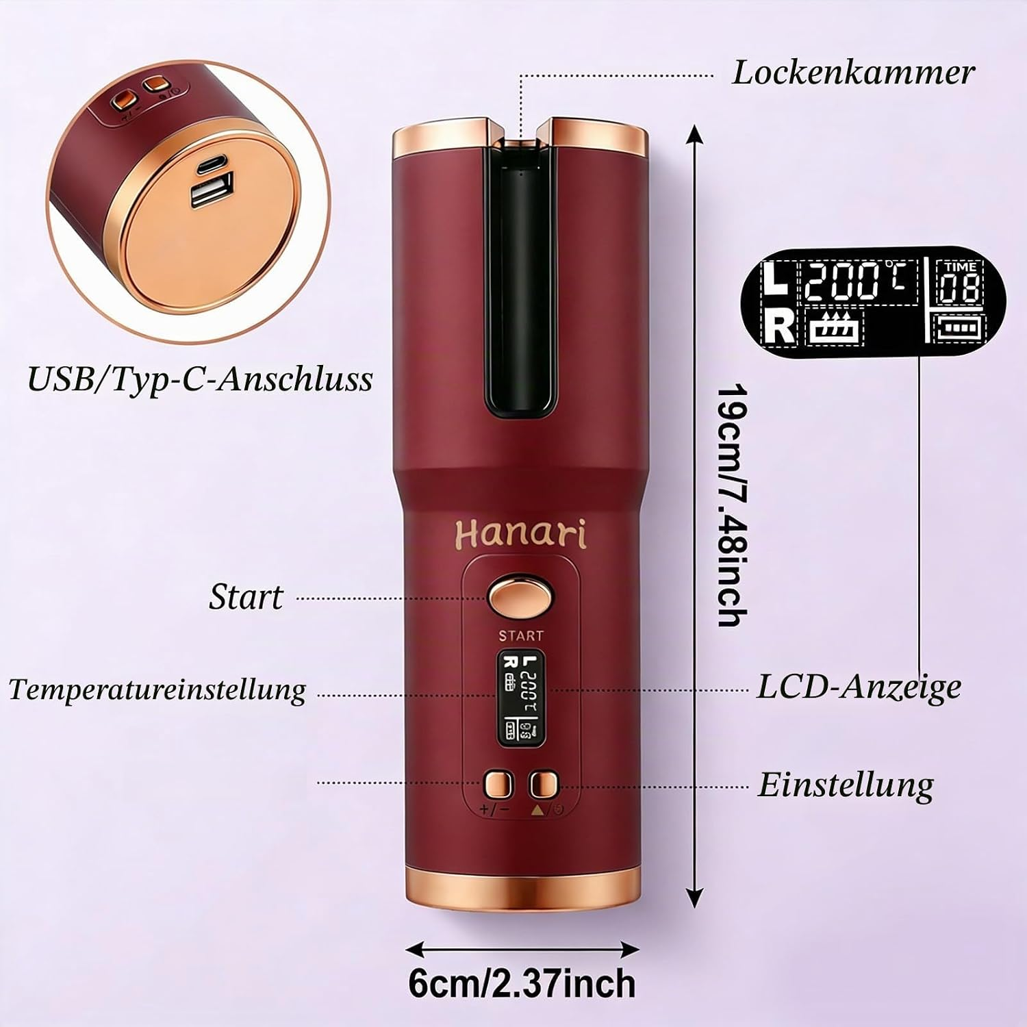 Roter Hanari Lockenstab mit LCD-Anzeige, USB-C-Anschluss und Bedienknöpfen. Abmessungen 19x6cm.
