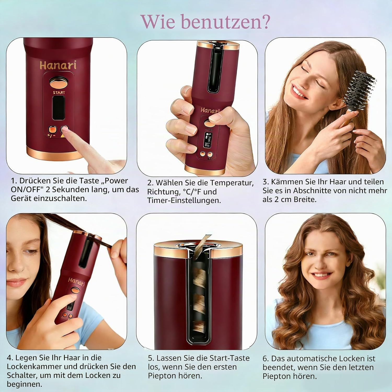 Sechs Schritte zeigen die Anwendung eines roten automatischen Lockenstabes von Hanari mit einer Frau.
