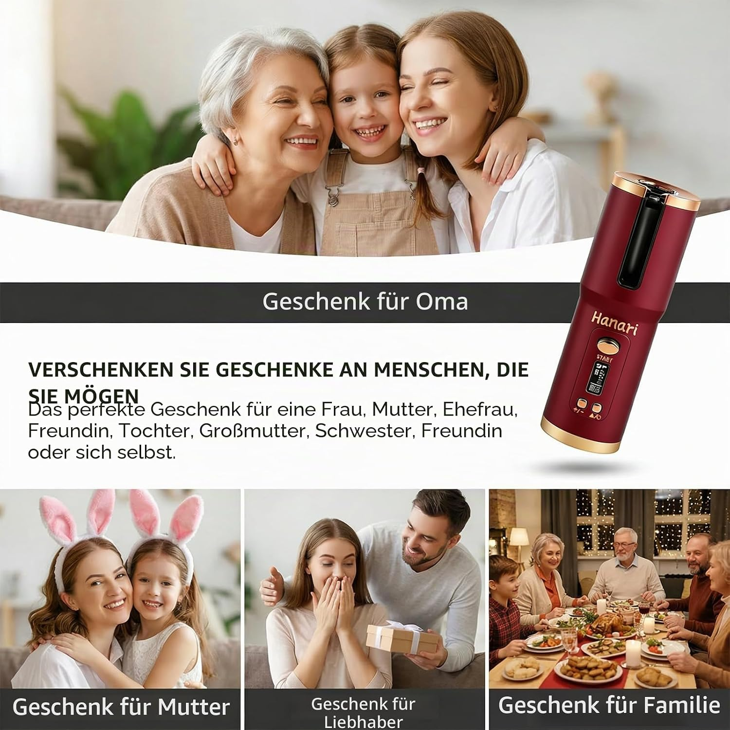 Collage aus Familienfotos mit Frauen, einem Kind und einem roten Lockenstab als Geschenk.