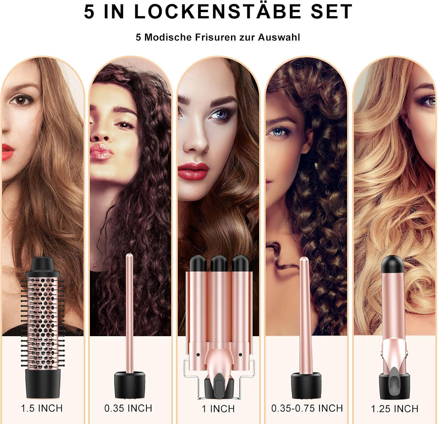 Ein 5-in-1-Lockenstab-Set mit verschiedenen Aufsätzen und Models, die verschiedene Frisuren zeigen.