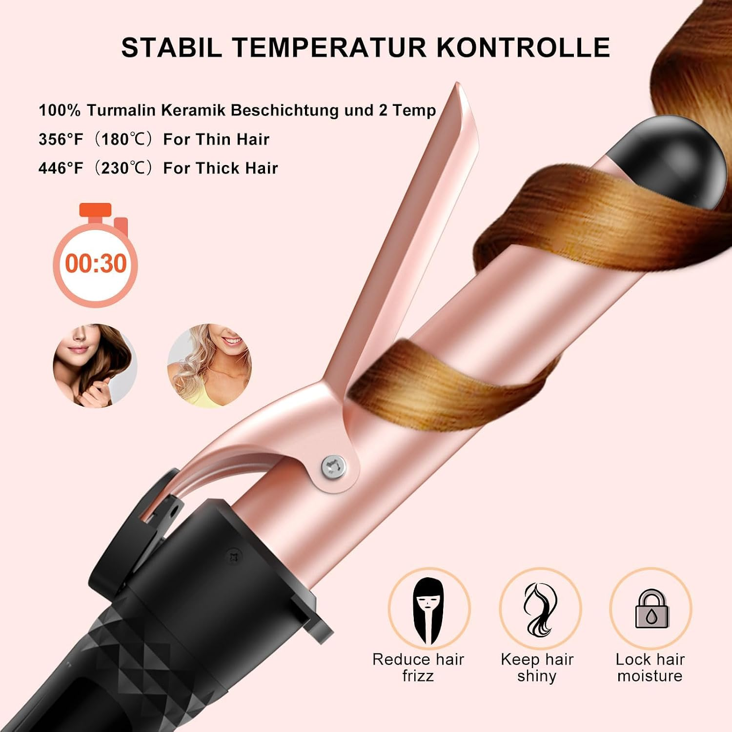 Ein rosafarbener Lockenstab mit Haaren, Textfunktionen, Temperatureinstellungen und Symbolen.