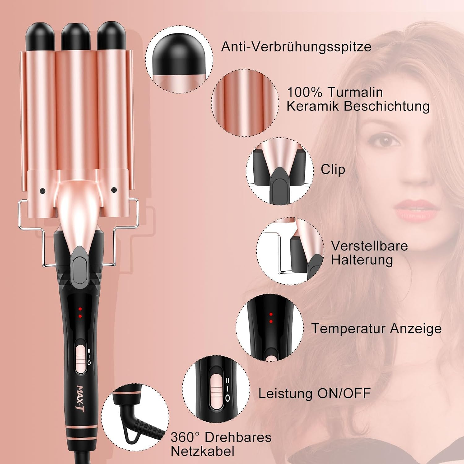 Ein roségoldener Lockenstab mit drei Walzen und erklärenden Details über seine Funktionen und Teile vor einem Frauenhintergrund.