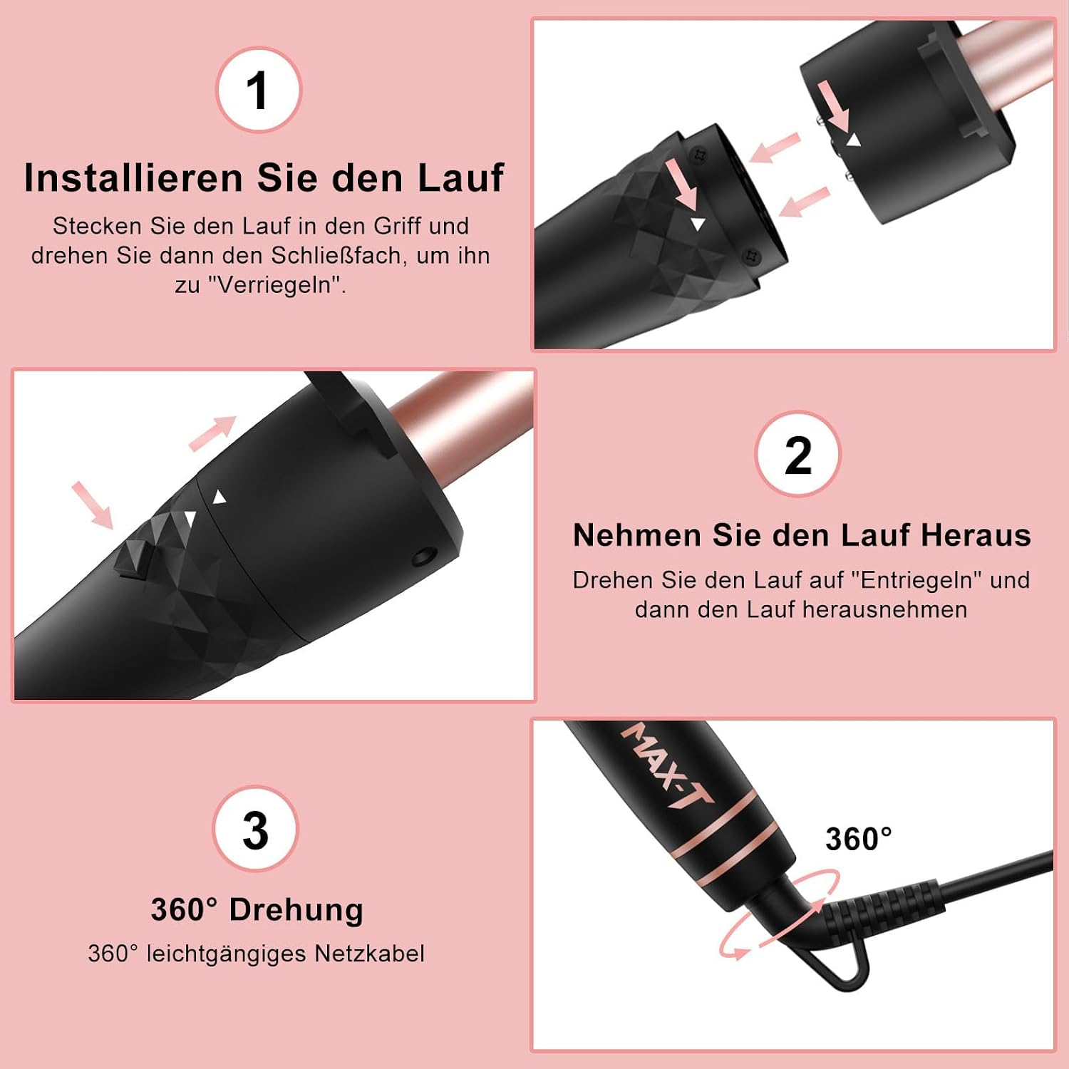 Anleitung zur Installation und Entfernung des Aufsatzes sowie zum 360-Grad-Kabel eines Lockenstabs.