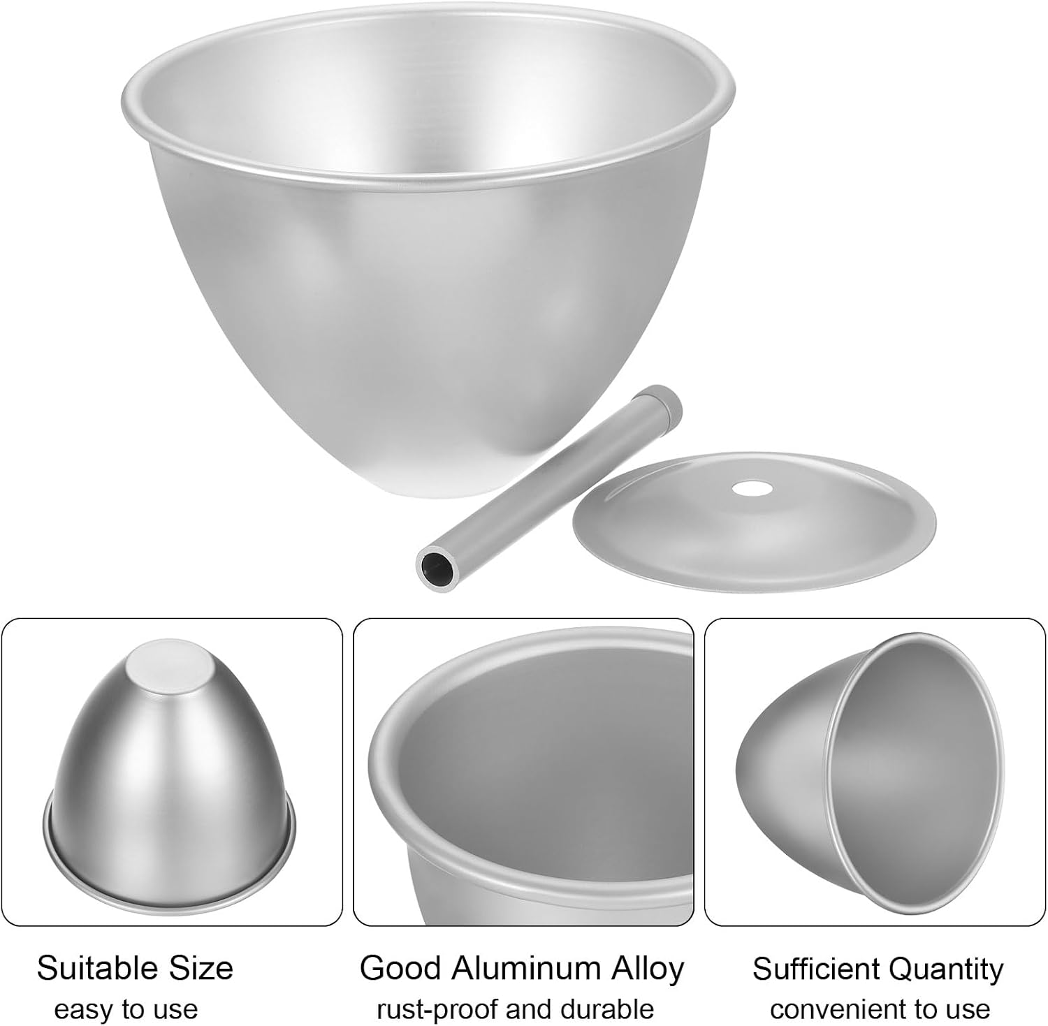 Aluminium-Backform in Kuppelform mit Zubehör und drei Detailbildern mit Text.
