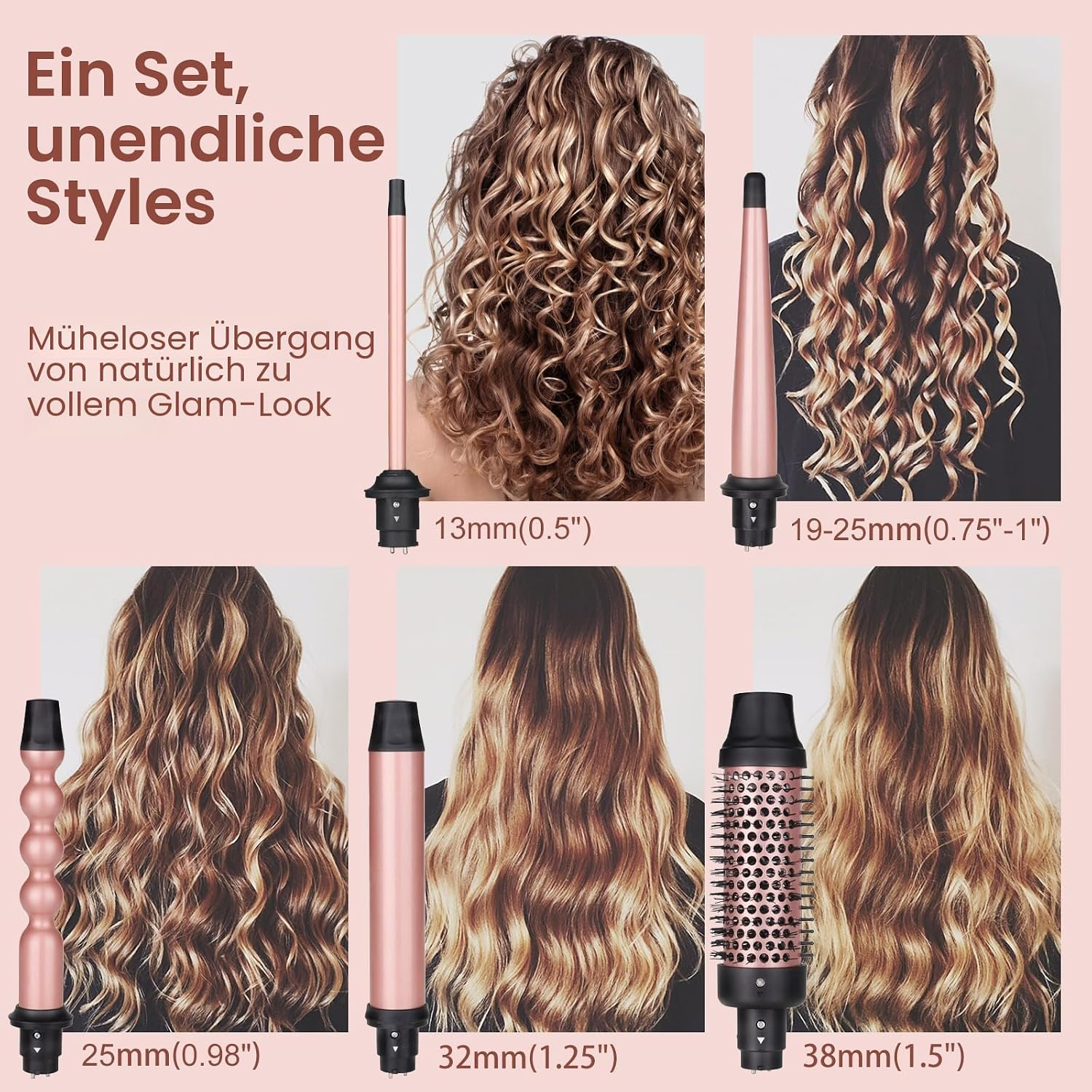 Verschiedene Lockenstab-Aufsätze und die damit erzielbaren unterschiedlichen Lockenfrisuren.