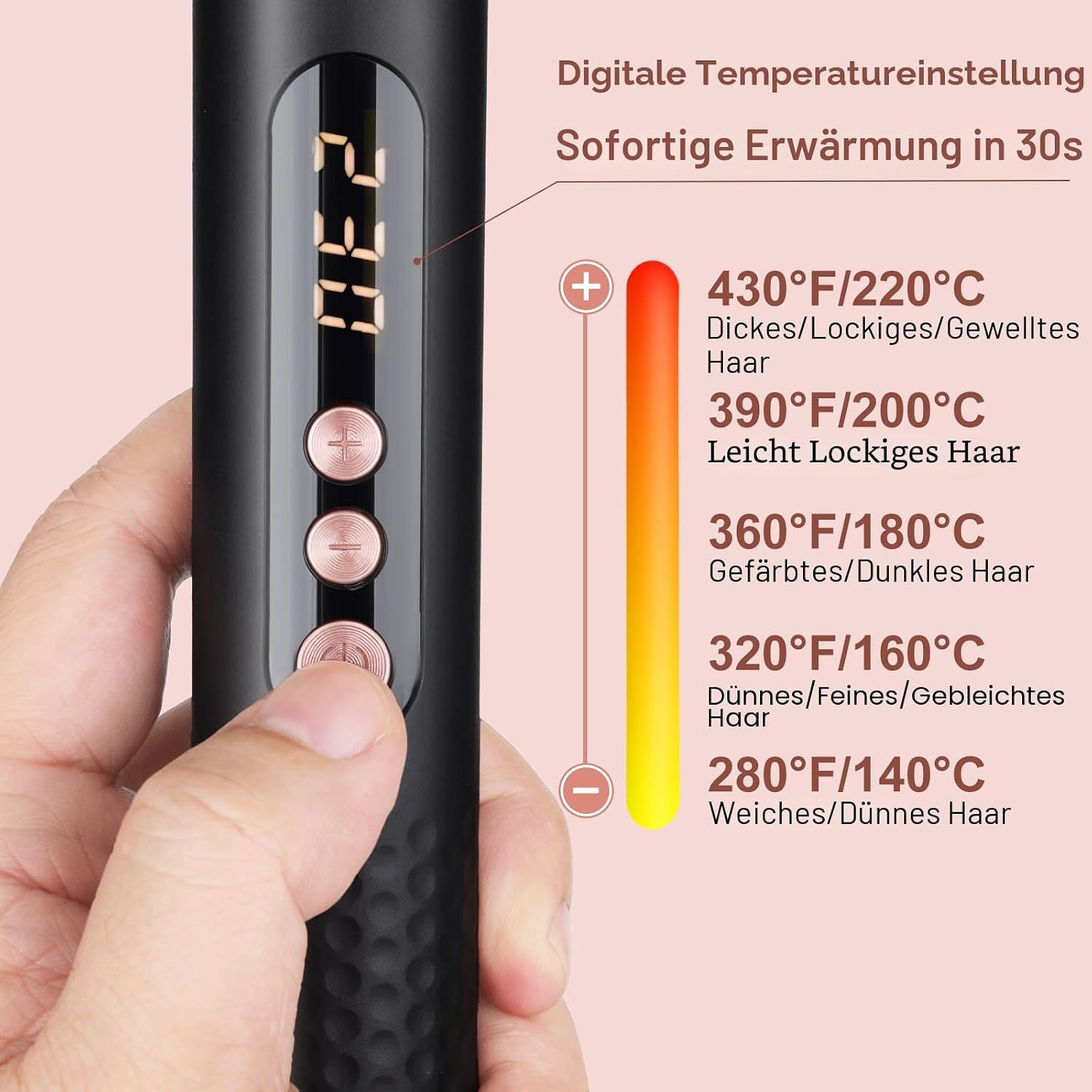 Hand hält einen schwarzen Haarglätter mit digitaler Anzeige und Temperaturtabelle.