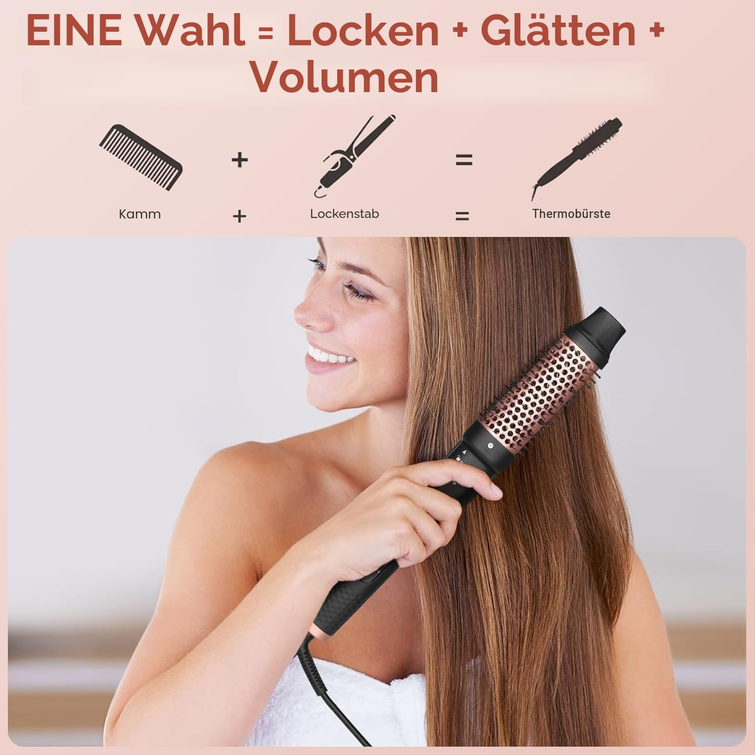 Eine Frau stylt ihr langes braunes Haar mit einer Rosegold-Heißluftbürste.
