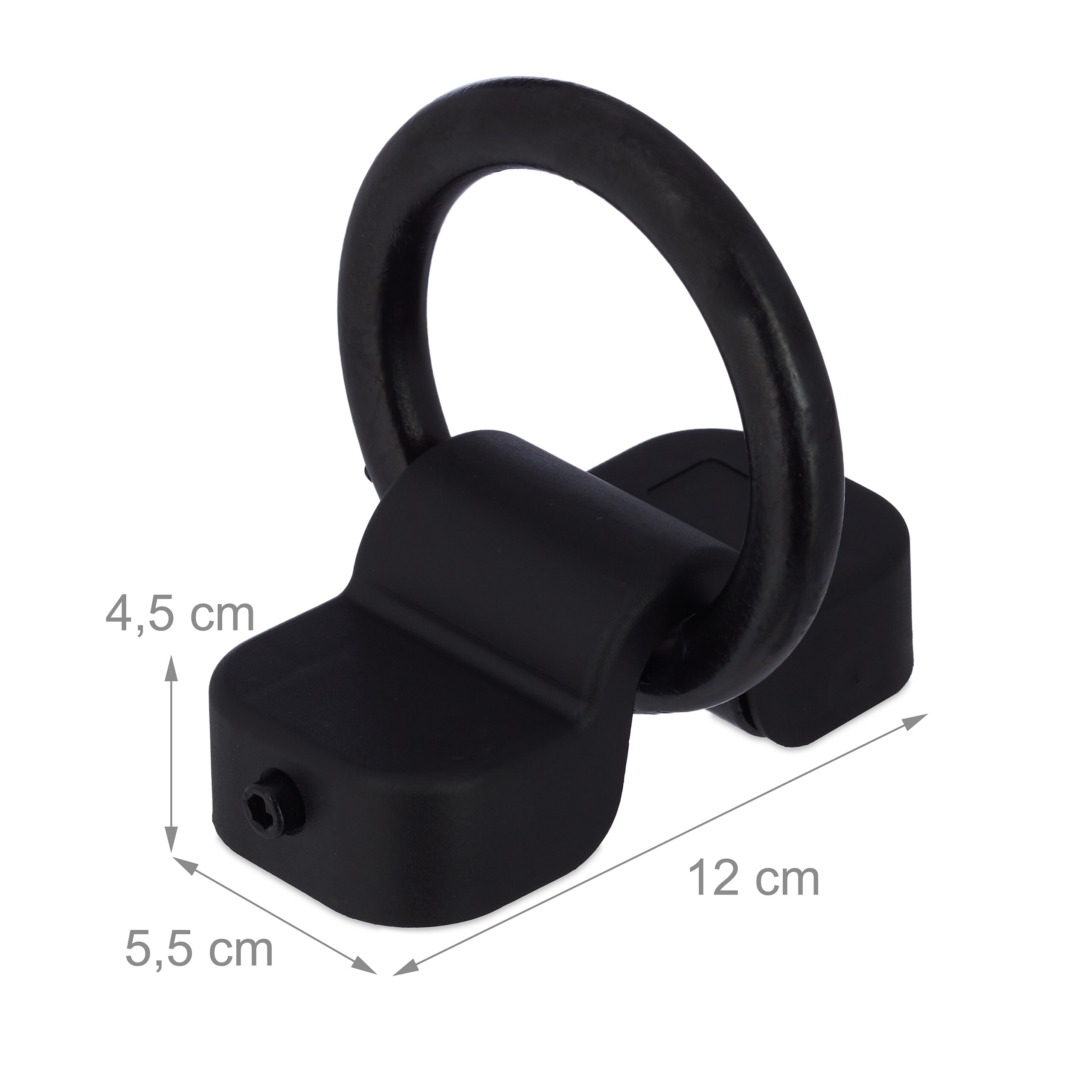 Schwarze Zurröse mit Abmessungen: 4,5 cm Höhe, 5,5 cm Breite, 12 cm Länge.