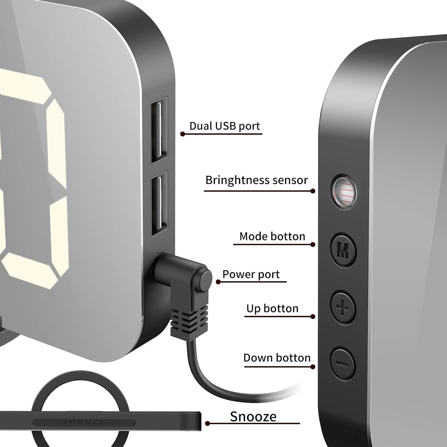 Diagramm zeigt die Tasten und Anschlüsse einer digitalen Uhr.