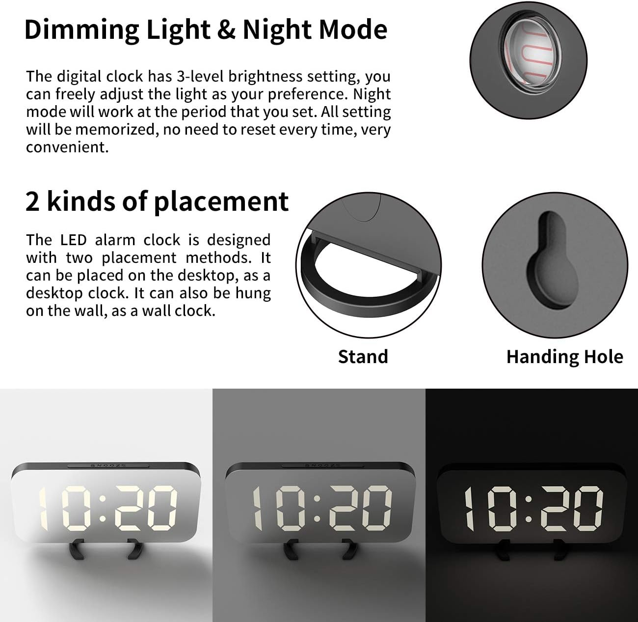Digitale Uhr mit dimmbarem Licht, Nachtmodus und zwei Aufstellmöglichkeiten: Standfuß und Wandaufhängung.