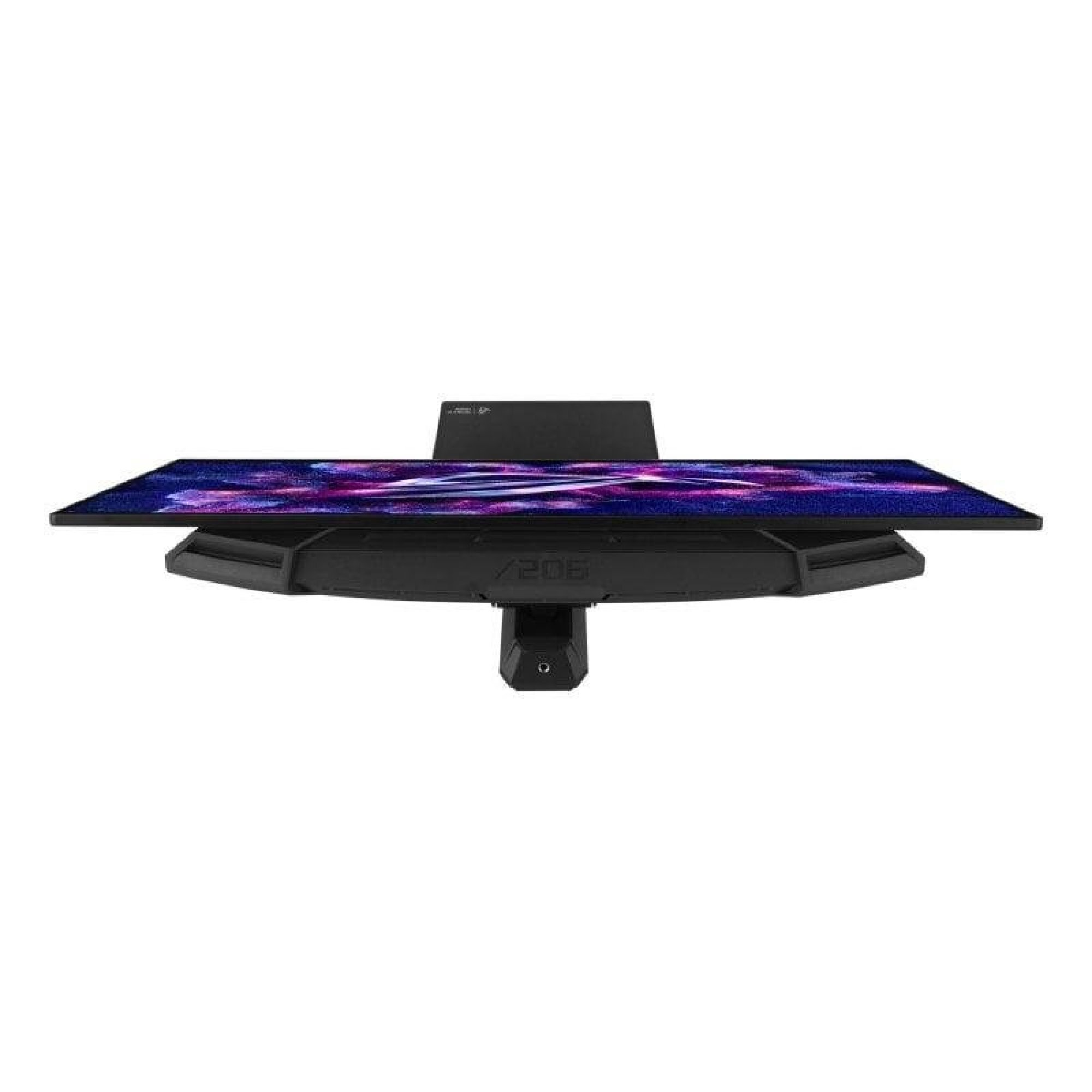 Un monitor nero con schermo colorato su supporto grigio su sfondo bianco.