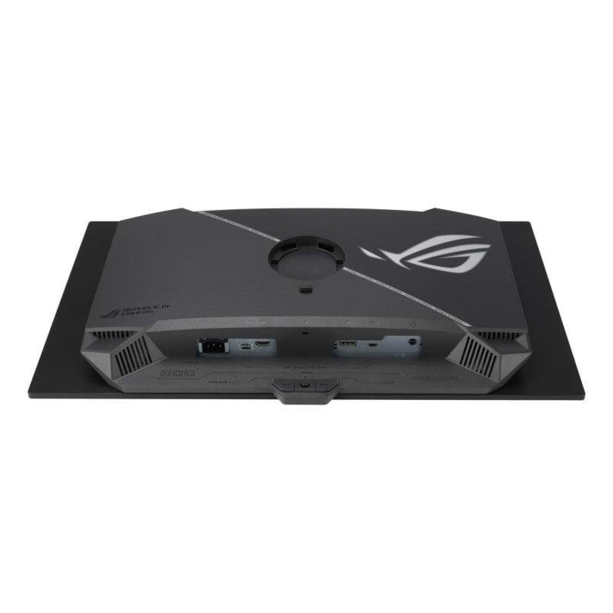 Vista posteriore di un monitor nero che mostra porte, prese d'aria e un logo ROG.