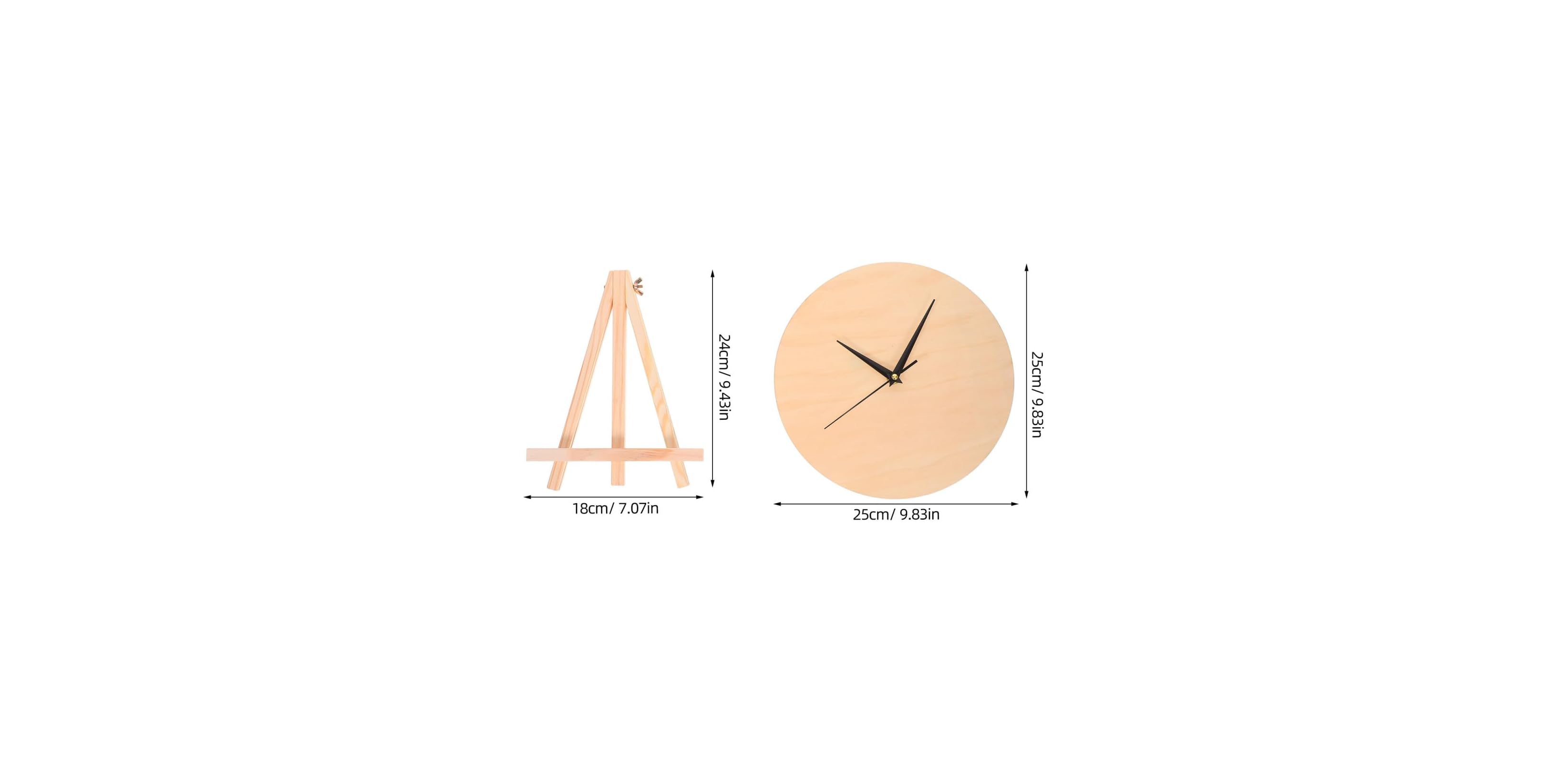 Holzstativ und holzfarbene Wanduhr mit Maßangaben auf weiſsem Hintergrund.