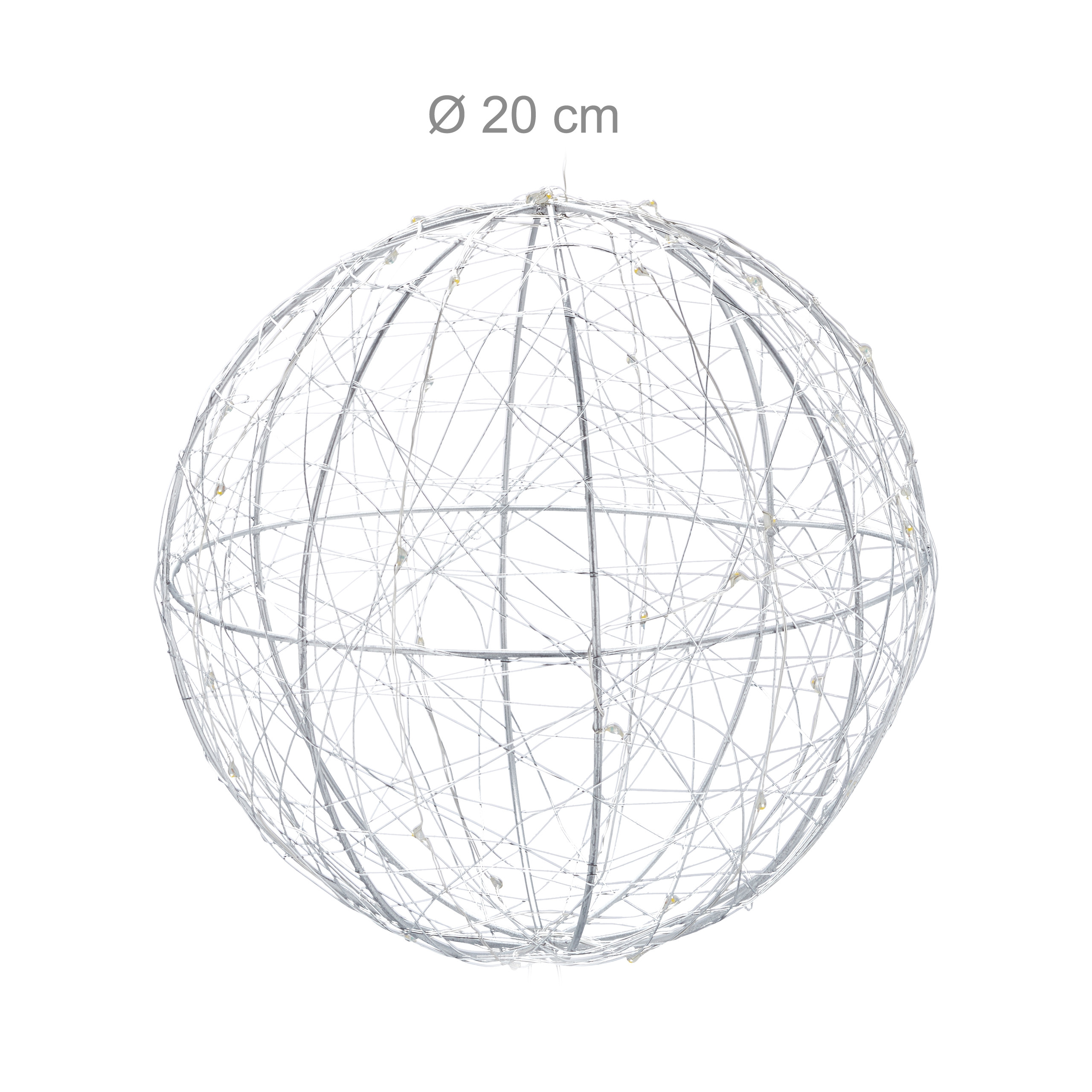 Eine 20 cm große weiße Drahtkugel mit verflochtenen Fäden und kleinen Lichtern auf weißem Grund.