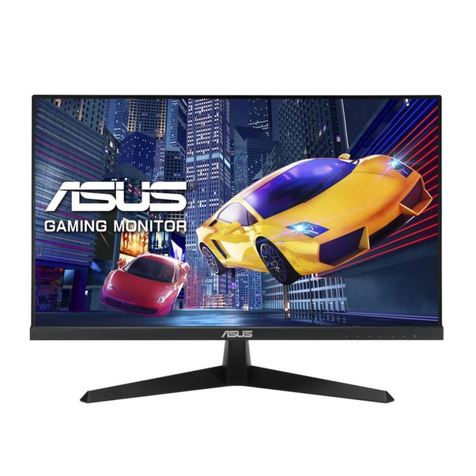 Bir ASUS oyun monitöründe sarı spor araba, kırmızı spor araba ve ASUS logosu bulunan bir sokak sahnesi var.