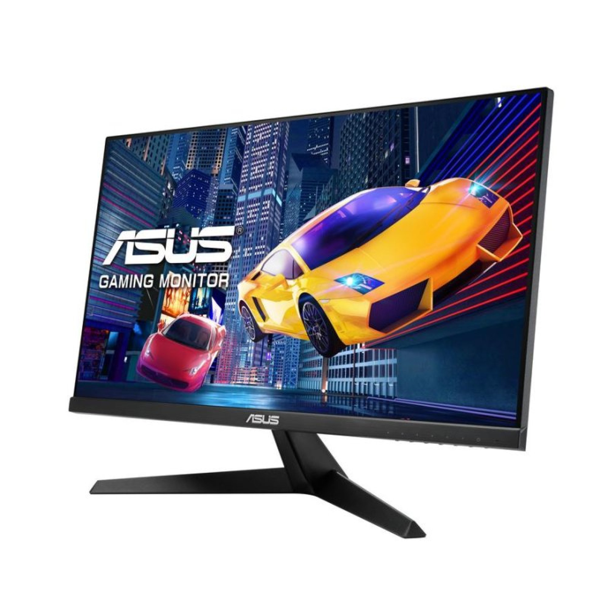 Stand üzerinde siyah bir ASUS oyun monitörü, gece şehir arkaplanında sarı ve kırmızı spor arabalarla bir yarış oyunu gösteriyor.