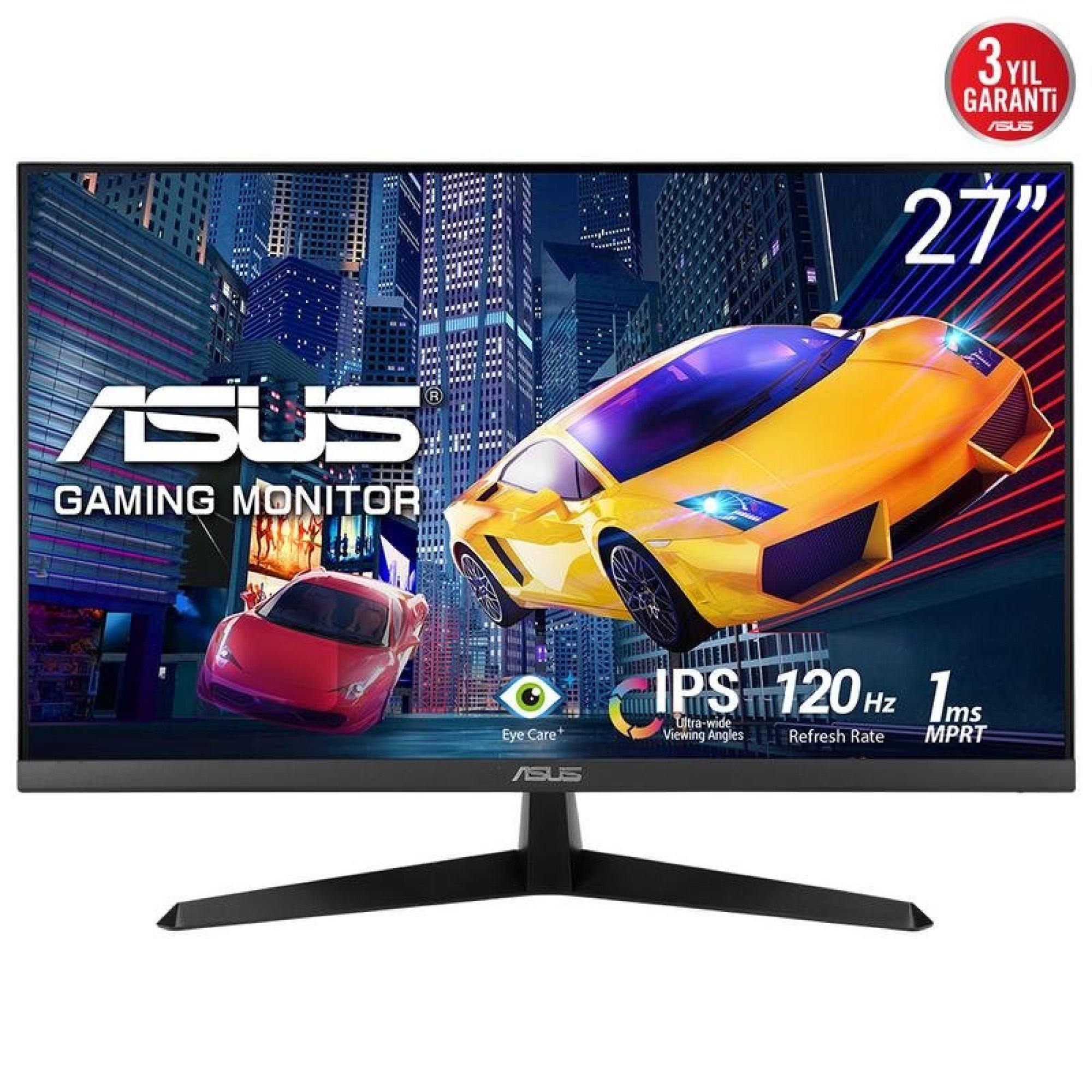 Monitor da gioco Asus da 27 pollici con una scena urbana e un'auto sportiva gialla.
