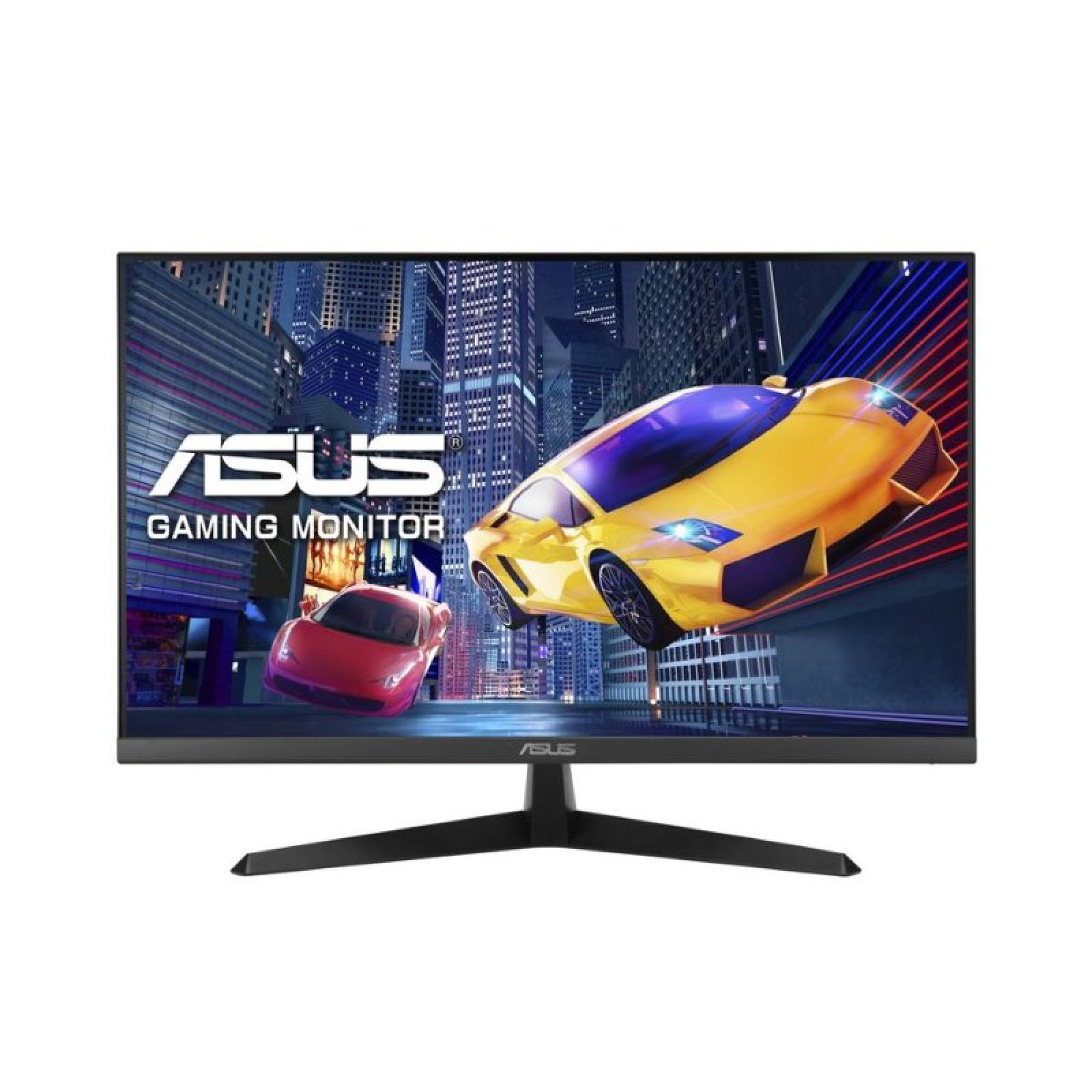 Monitor da gioco Asus che mostra un gioco di corse con due auto sportive in una città notturna.