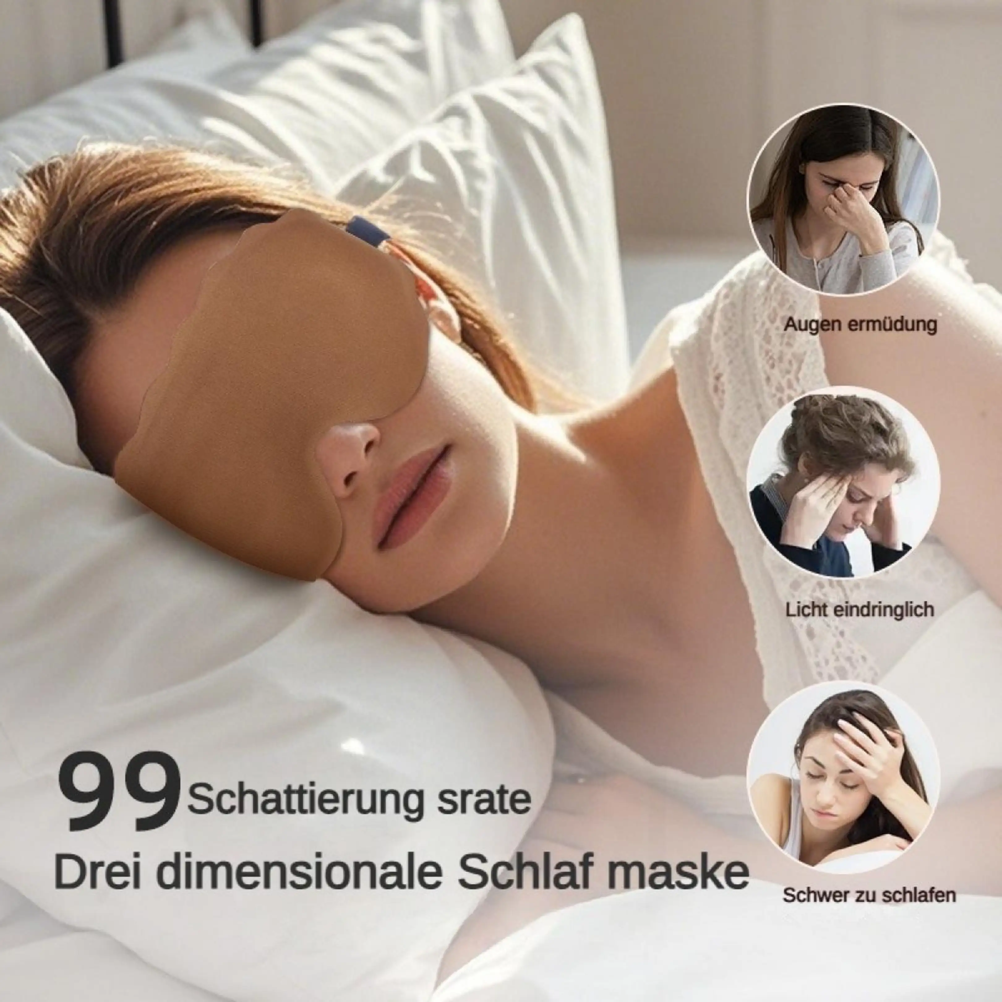 Eine Frau schläft entspannt mit einer braunen 3D-Schlafmaske auf weißen Kissen.