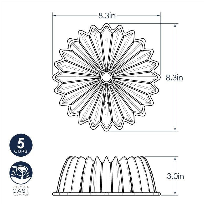 8.3x8.3x3 inç ölçülerinde ve 5 fincan kapasiteli yuvarlak bir fırın tepsisinin teknik çizimi.