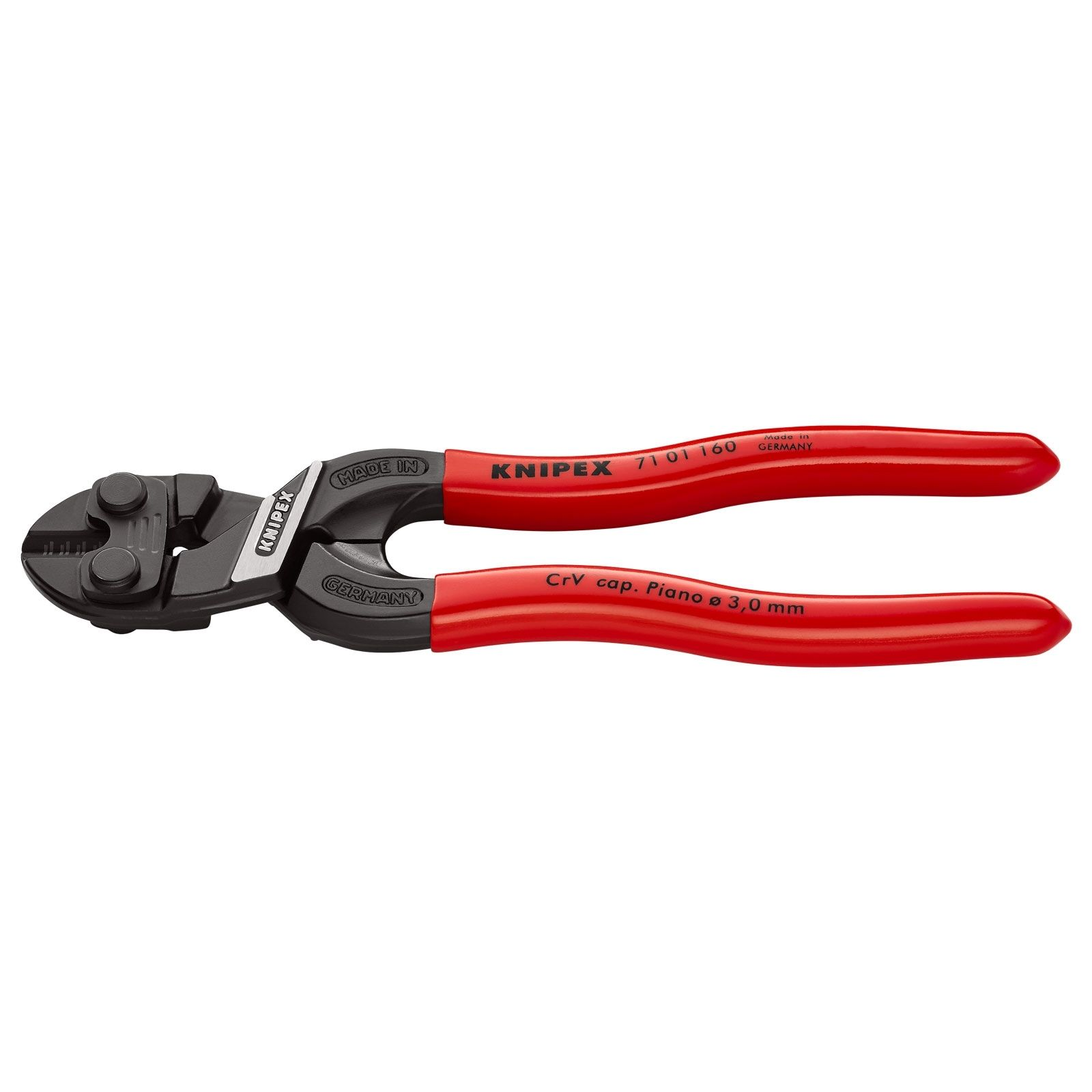 Tronchesi per bulloni Knipex rosse e nere con scritte su sfondo bianco.