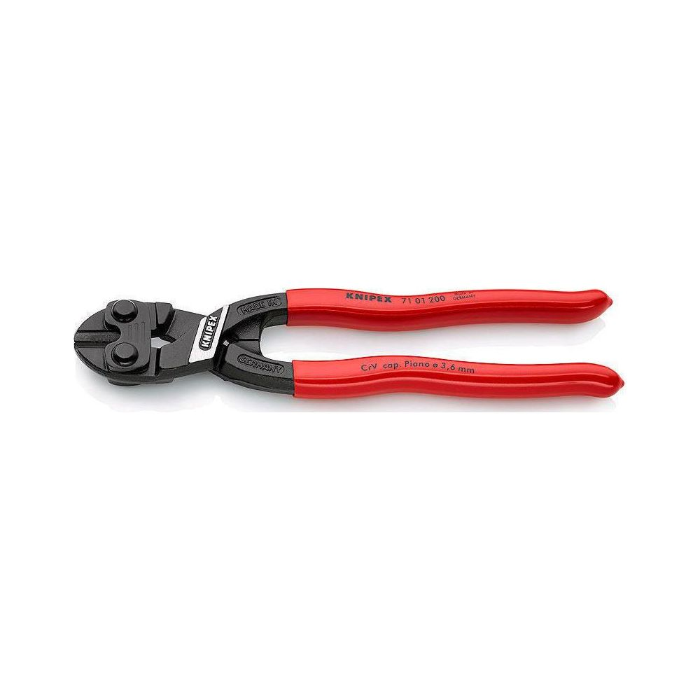 Tronchese a forte leva Knipex con manici rossi e testa nera su sfondo bianco.