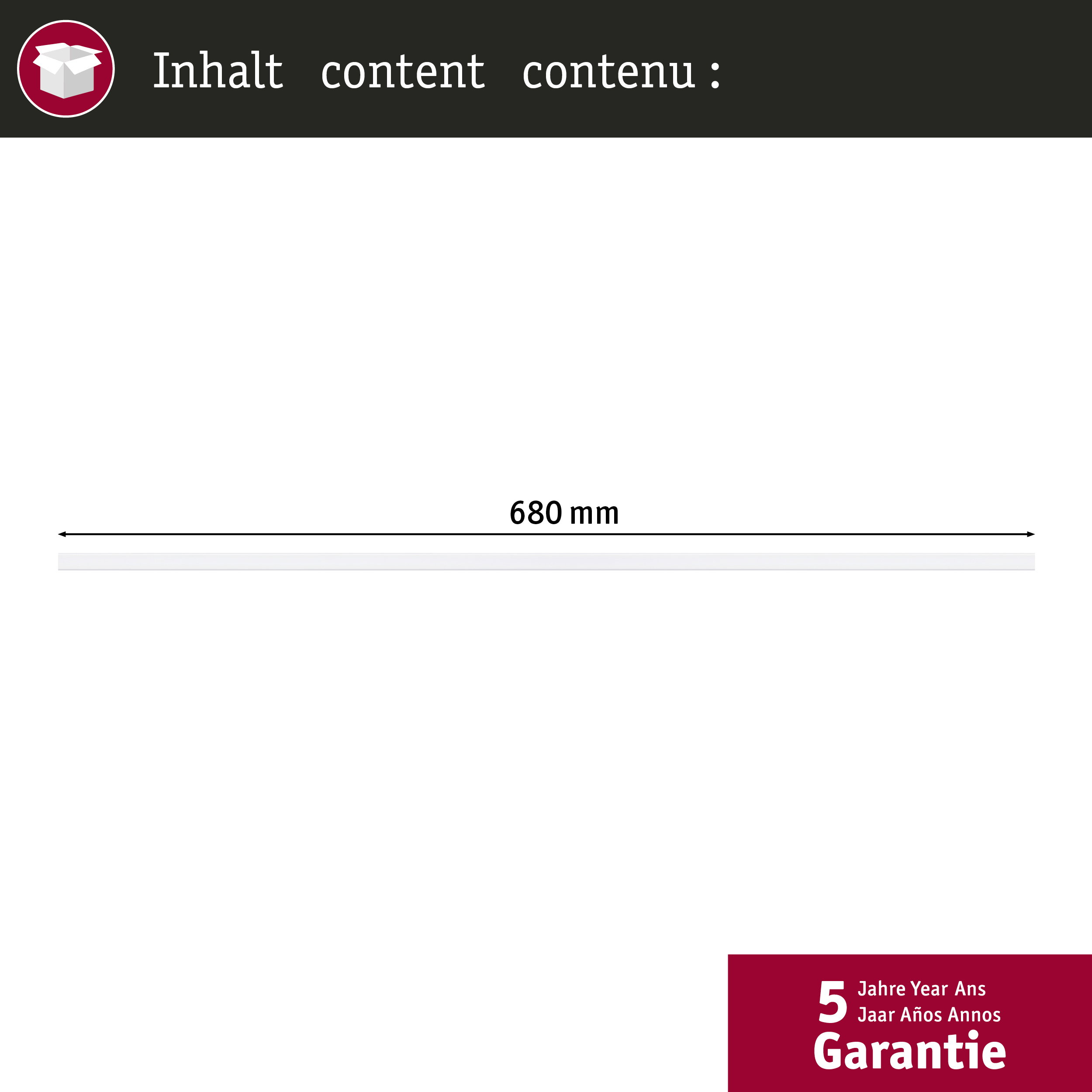 Diagramm mit der Aufschrift Inhalt, einer Messung von 680 mm und einem Hinweis auf 5 Jahre Garantie.