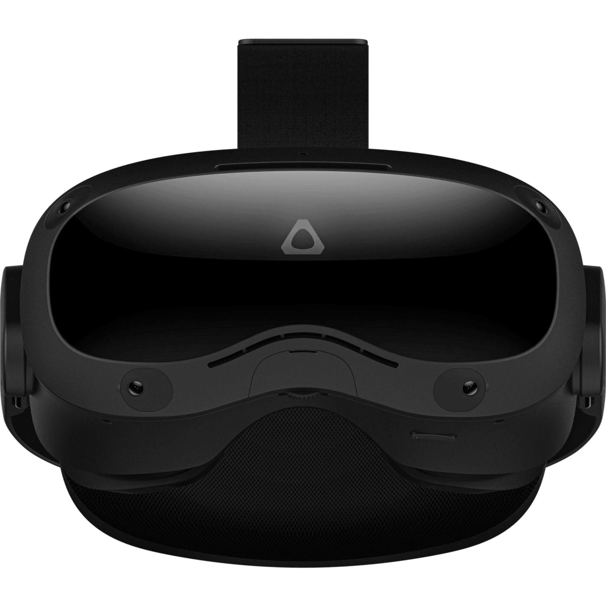Un visore VR nero con pannello frontale lucido, logo triangolare e fotocamere, su sfondo bianco.