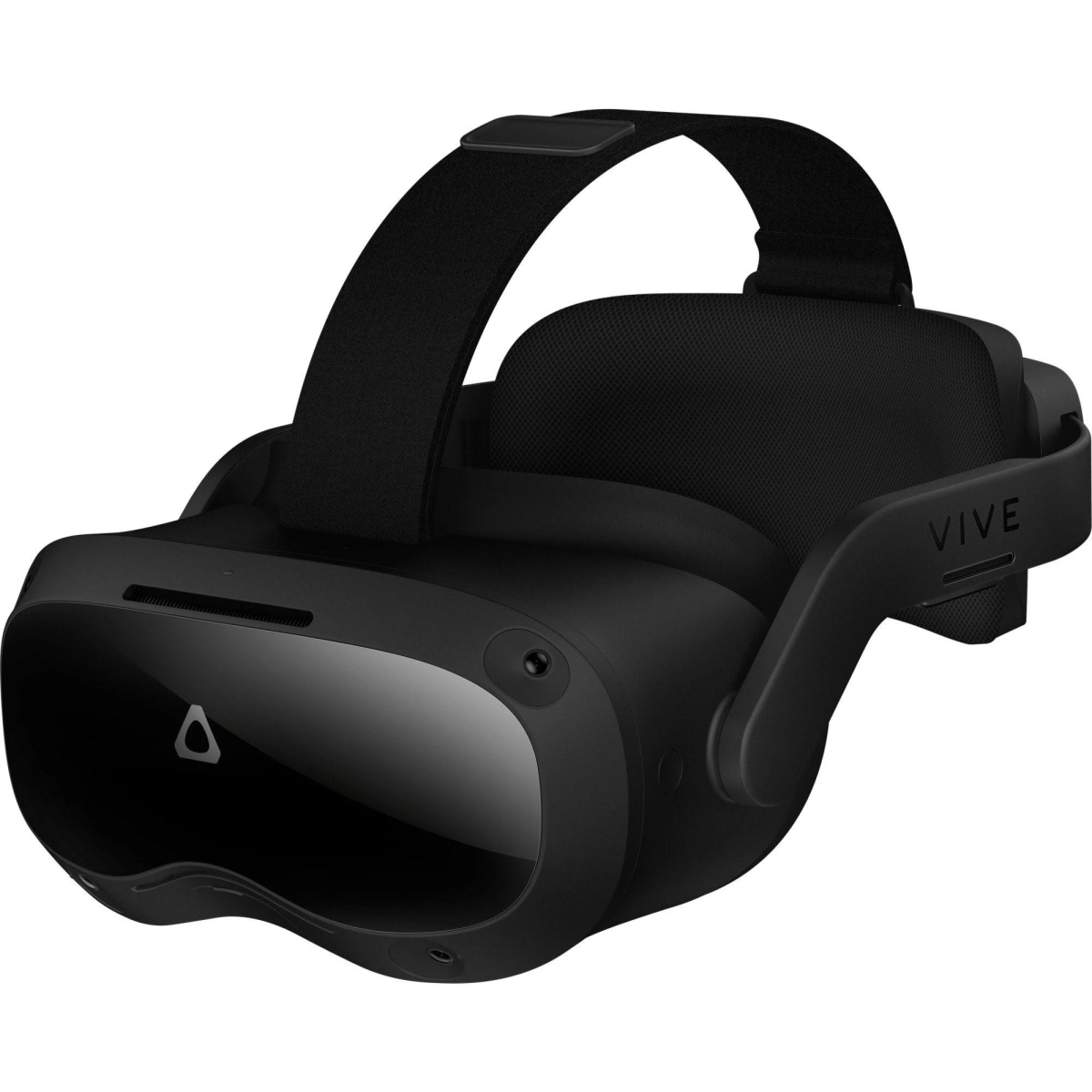 Visore VR nero HTC Vive XR Elite con cinturino e parte frontale lucida.