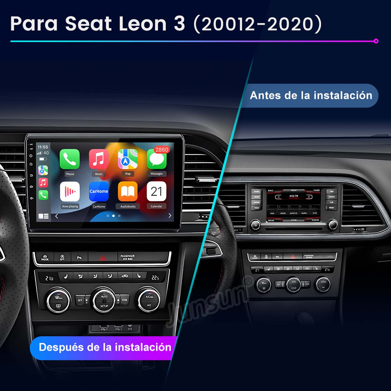 Comparación antes y después del salpicadero del Seat Leon 3 con nueva pantalla de infoentretenimiento.