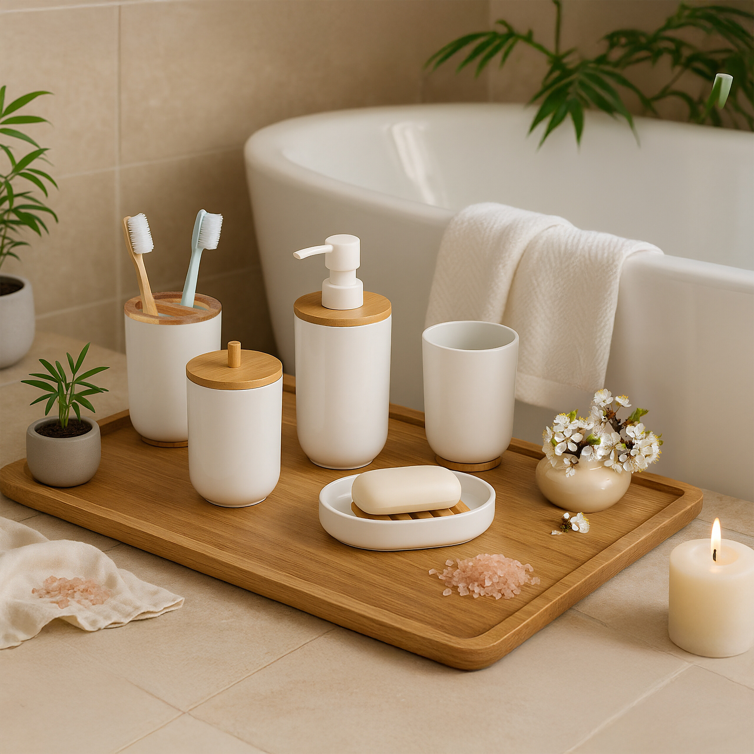 Badezimmer-Set aus weißer Keramik mit Bambusdetails auf einem Holztablett vor einer Badewanne.