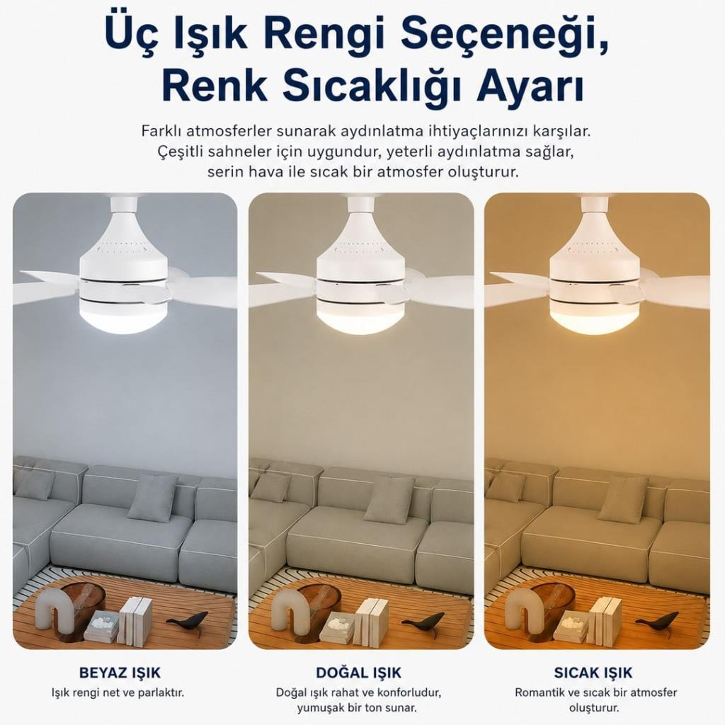 Koltuk üzerinde beyaz, doğal ve sıcak aydınlatma seçeneklerine sahip bir tavan vantilatörü.